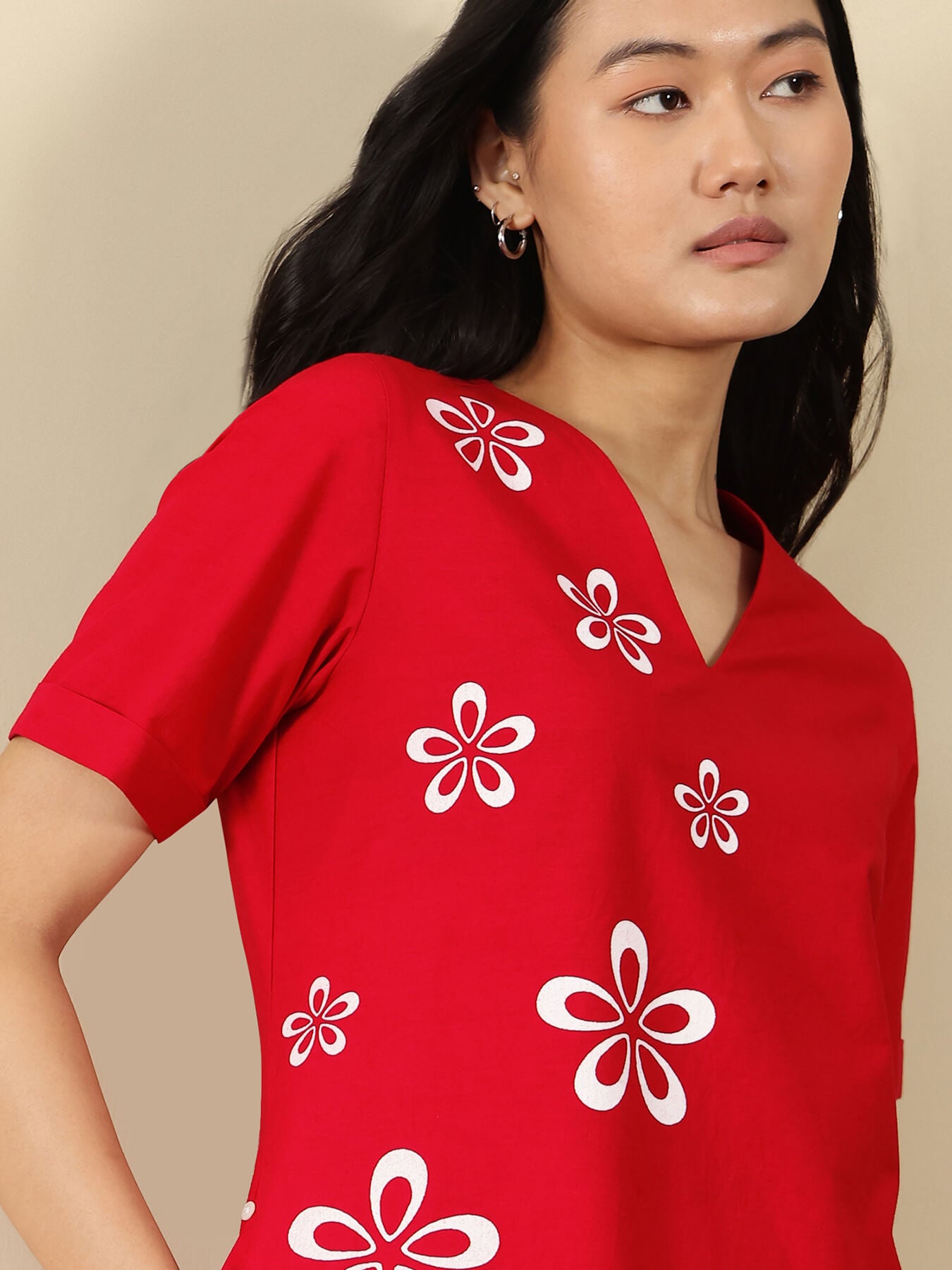 Cotton Floral V-Neck Midi Dress - Red