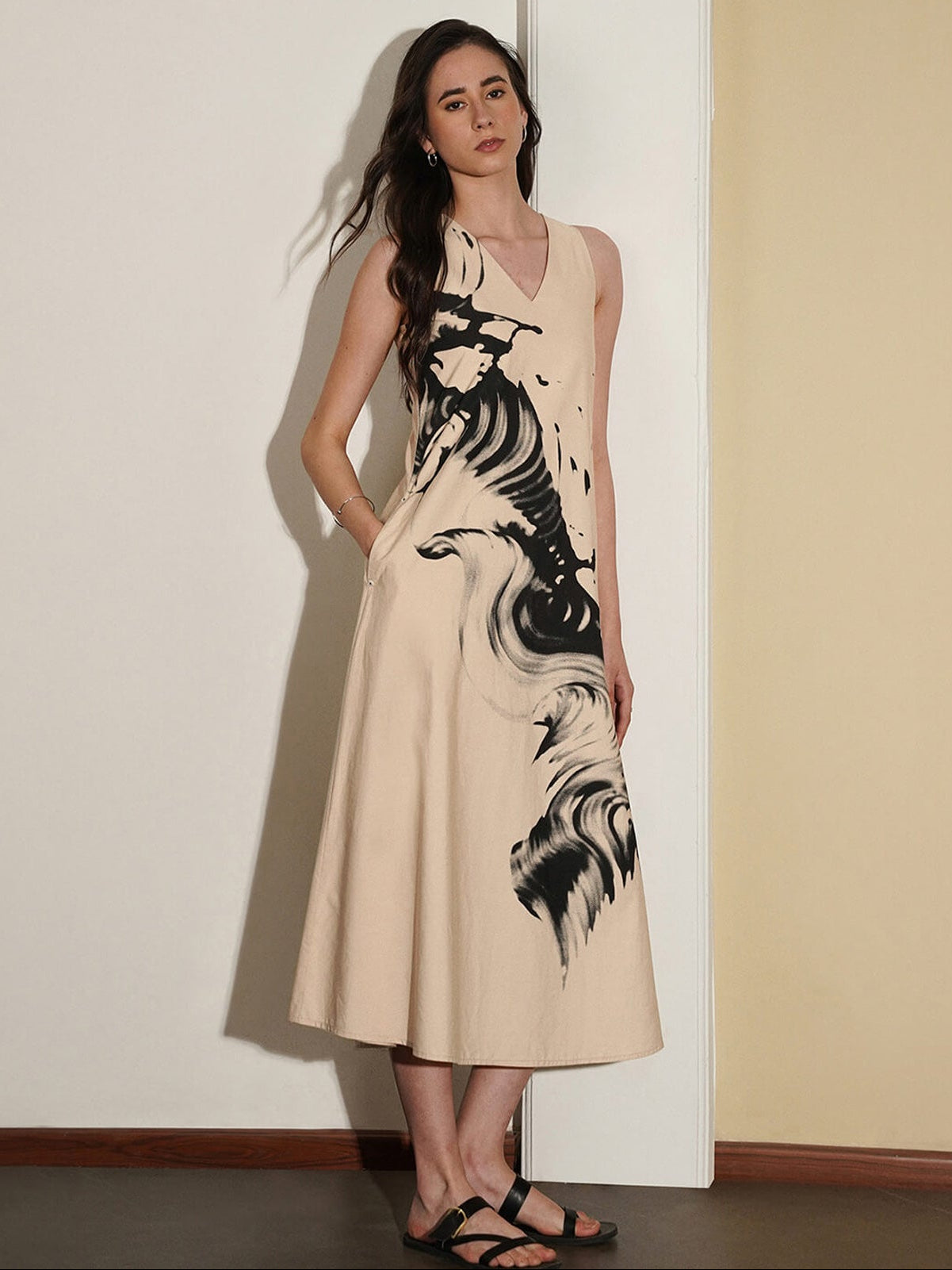 Cotton Abstract A-Line Dress - Beige and Black
