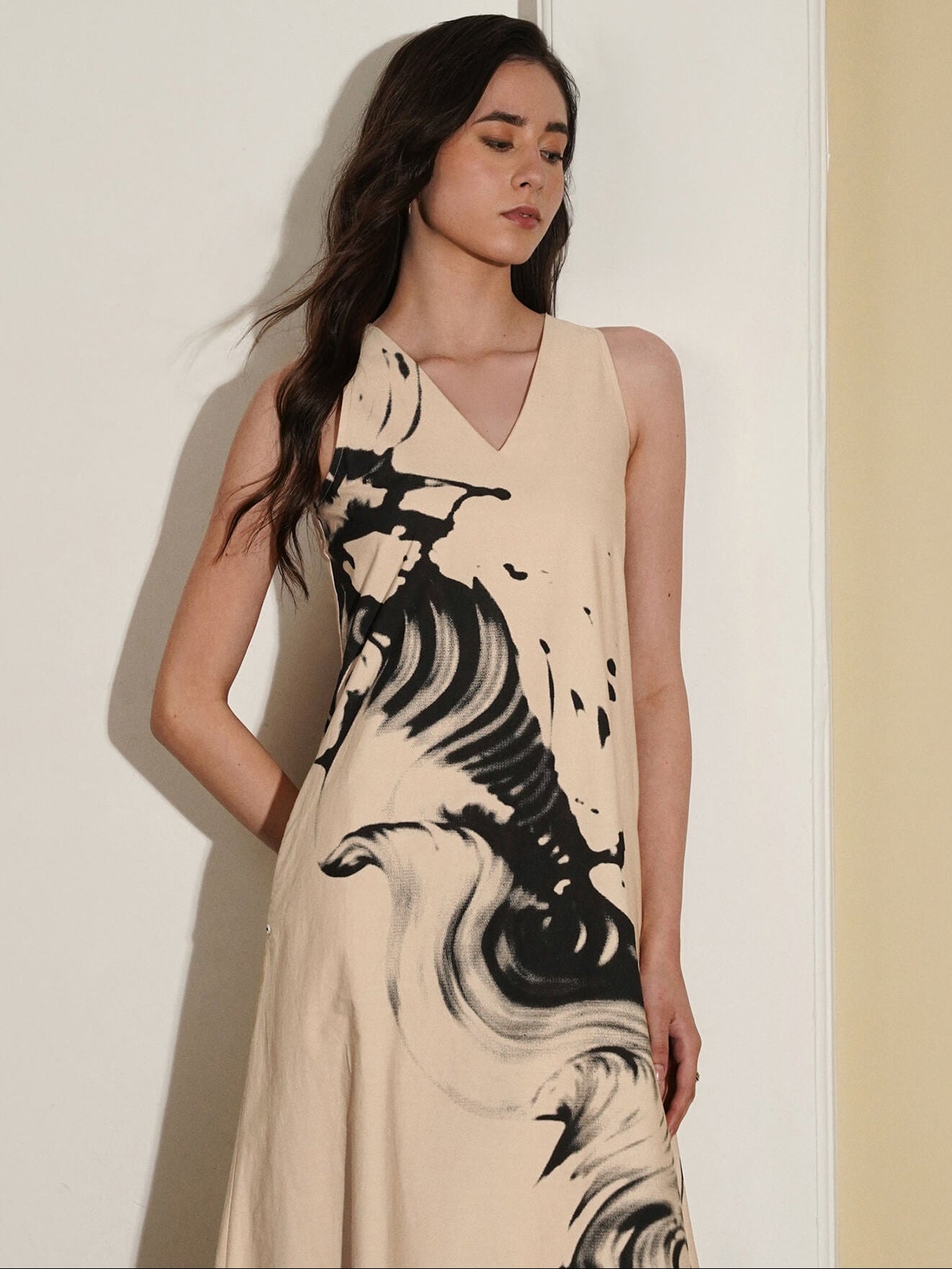 Cotton Abstract A-Line Dress - Beige and Black