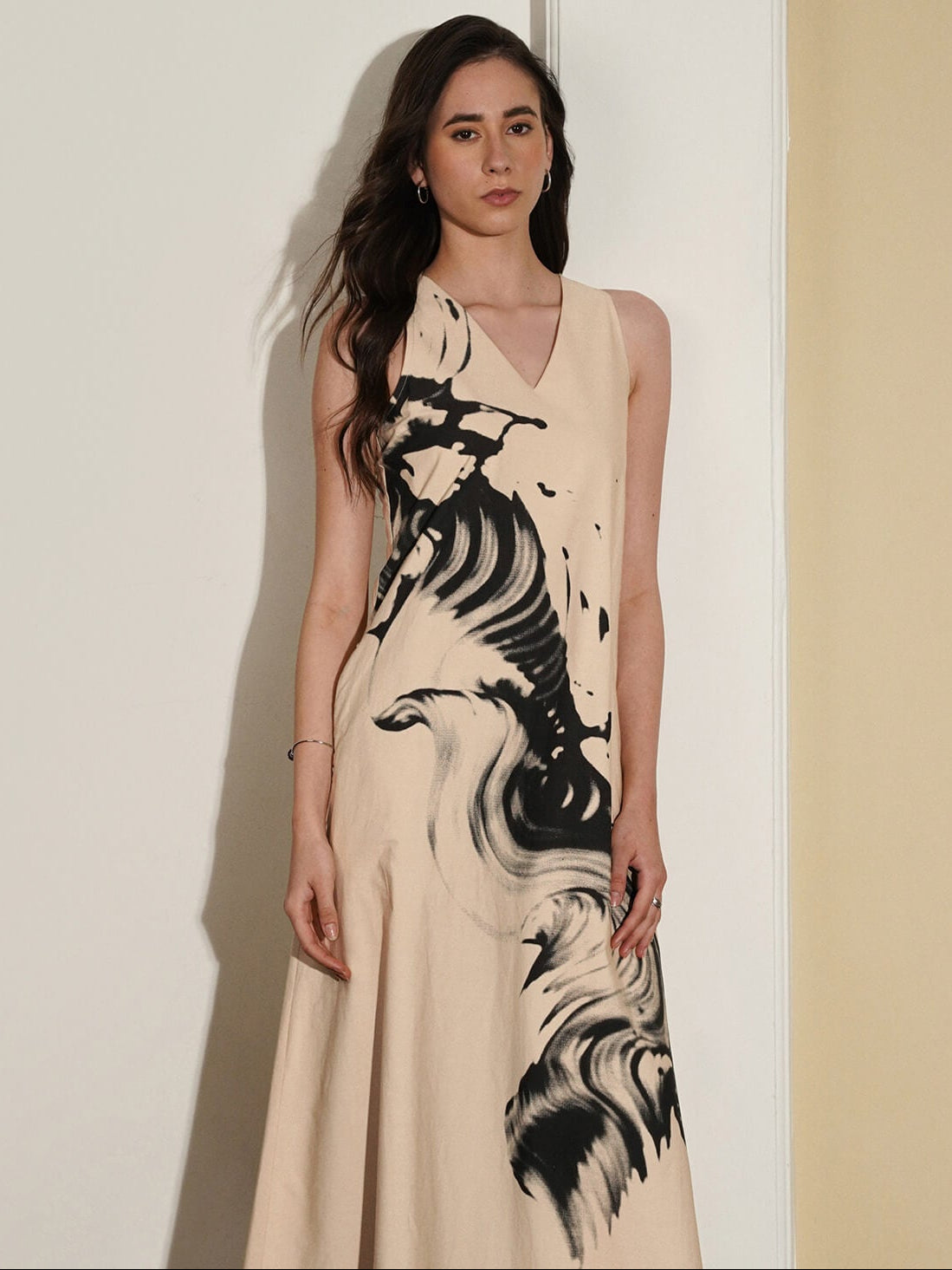 Cotton Abstract A-Line Dress - Beige and Black