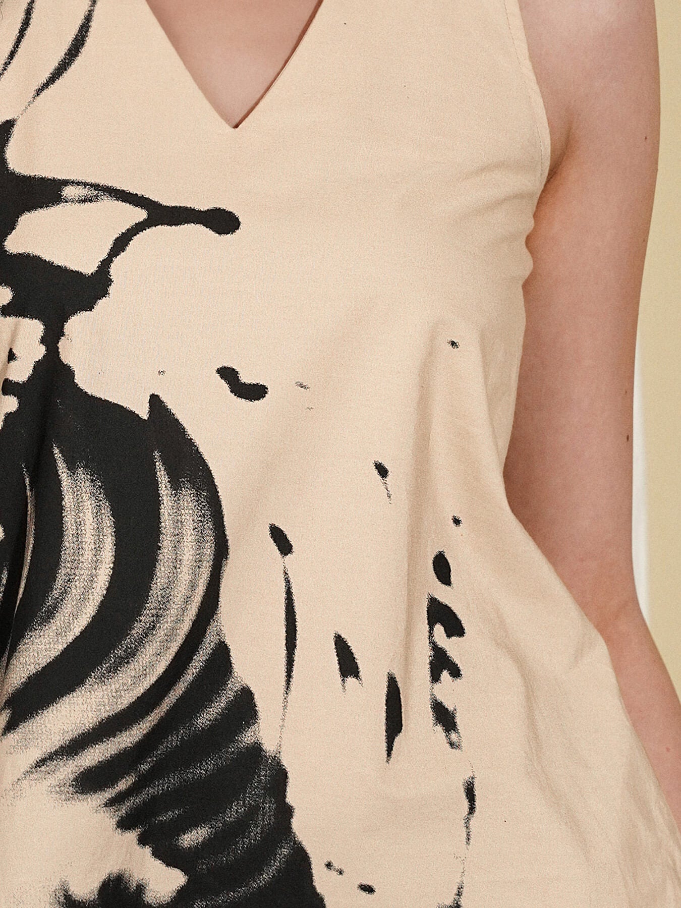 Cotton Abstract A-Line Dress - Beige and Black