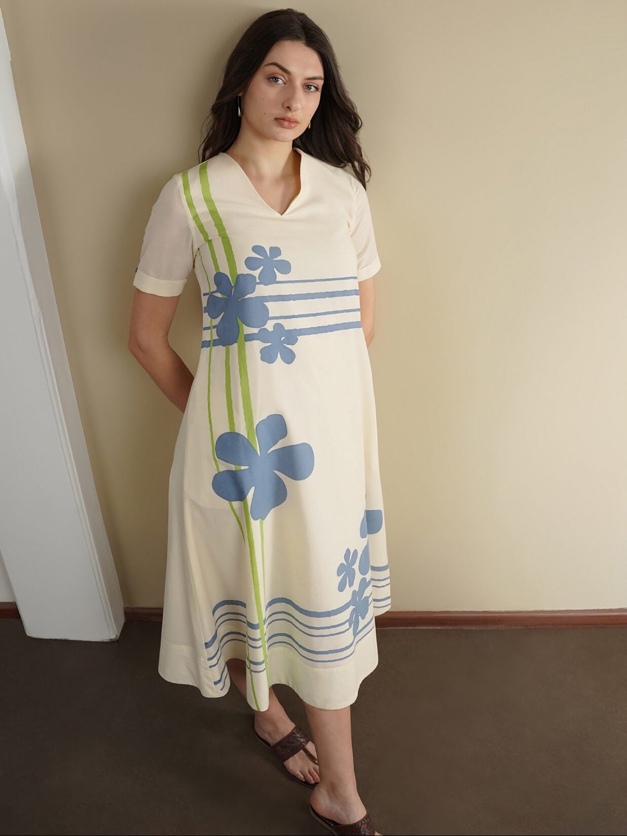 Cotton Placement Floral Dress - Off White