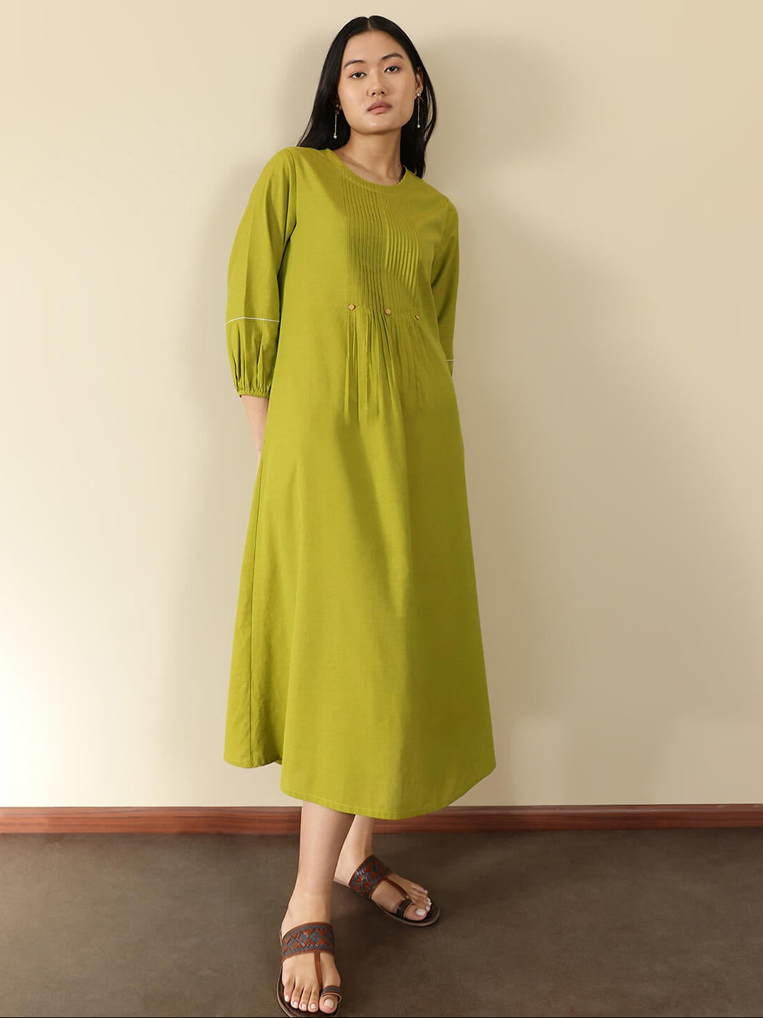 Cotton Solid Line Dress - Green