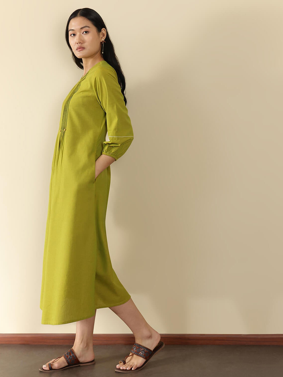 Cotton Solid Line Dress - Green