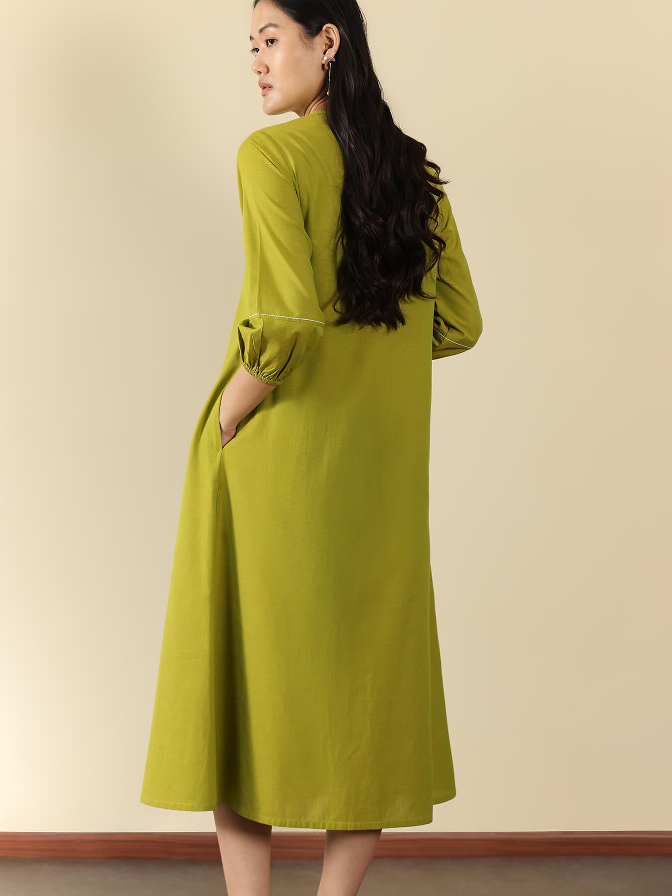 Cotton Solid Line Dress - Green