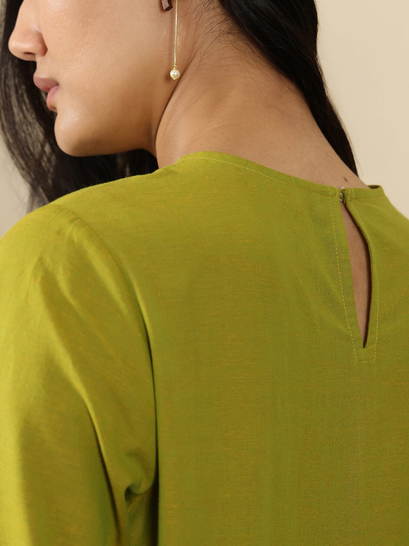 Cotton Solid Line Dress - Green