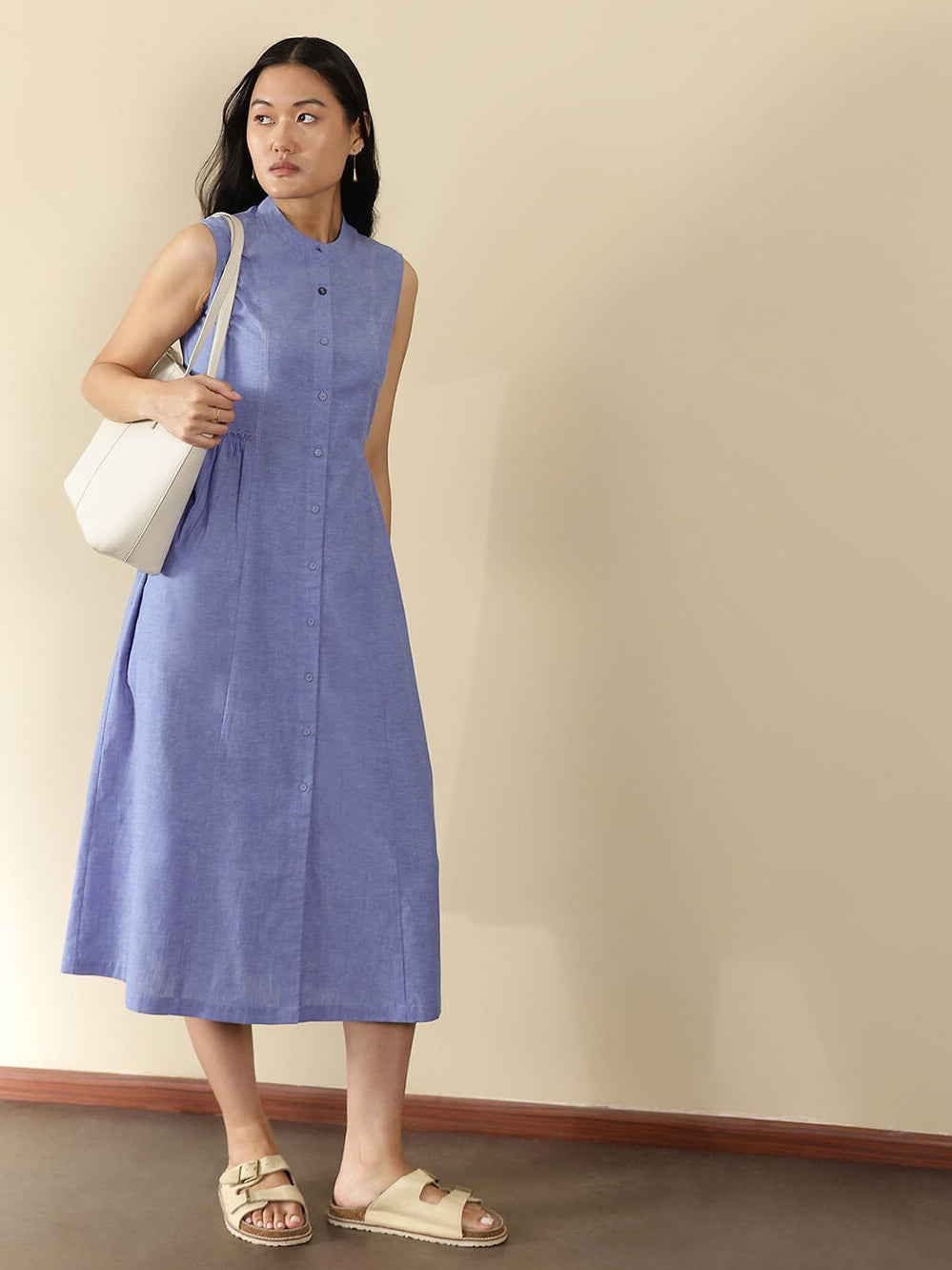 Cotton Solid Sleeveless Dress - Blue