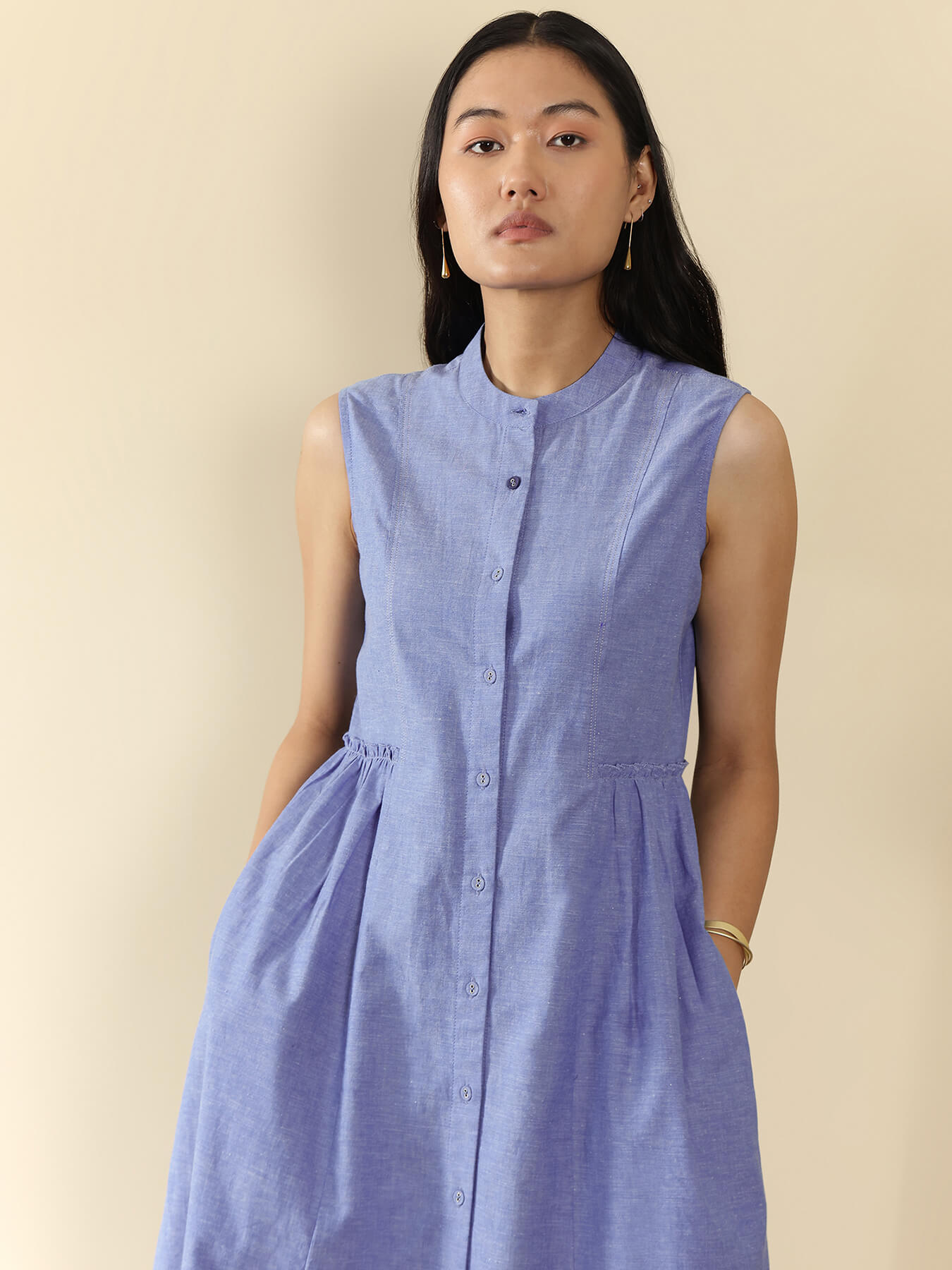 Cotton Solid Sleeveless Dress - Blue