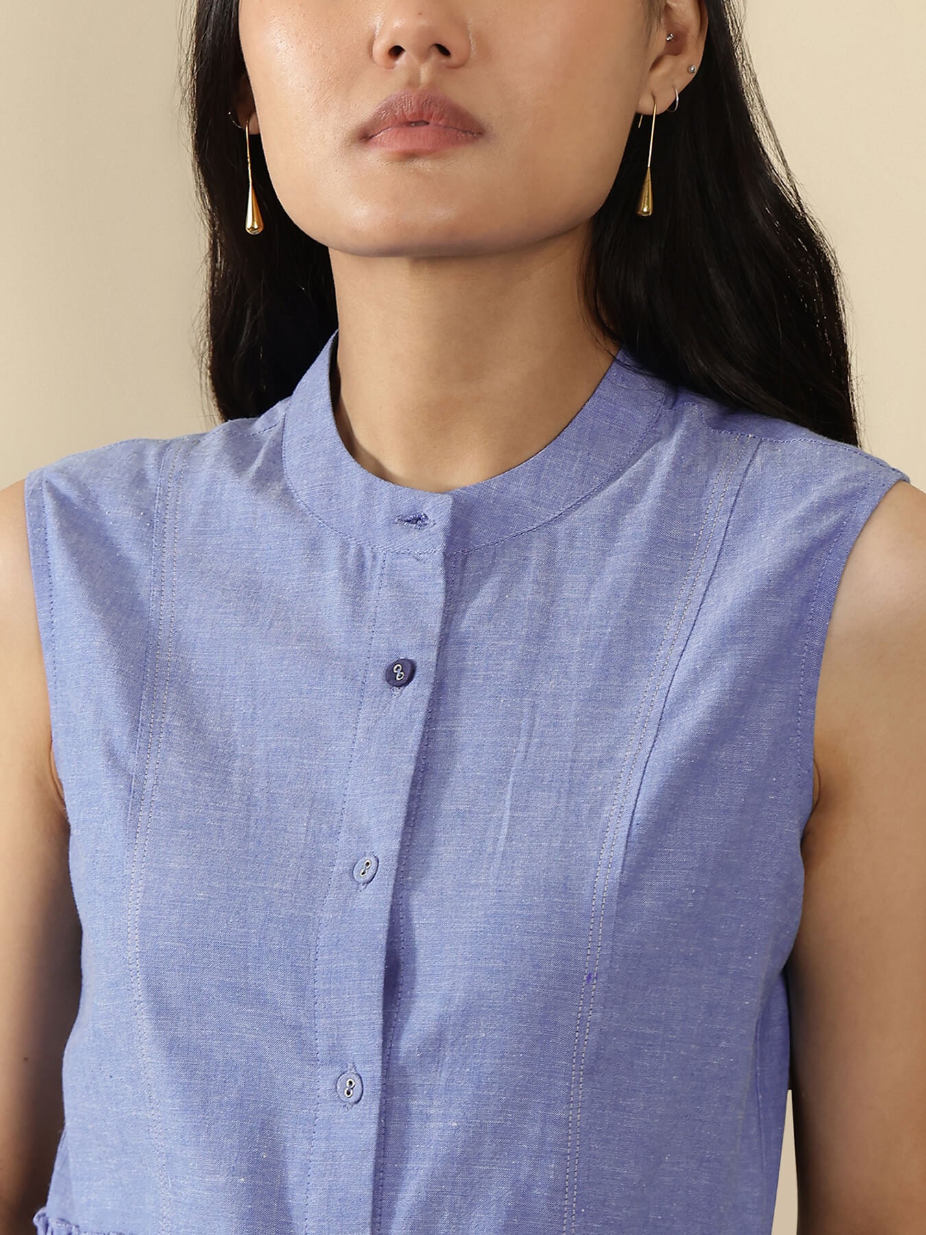 Cotton Solid Sleeveless Dress - Blue