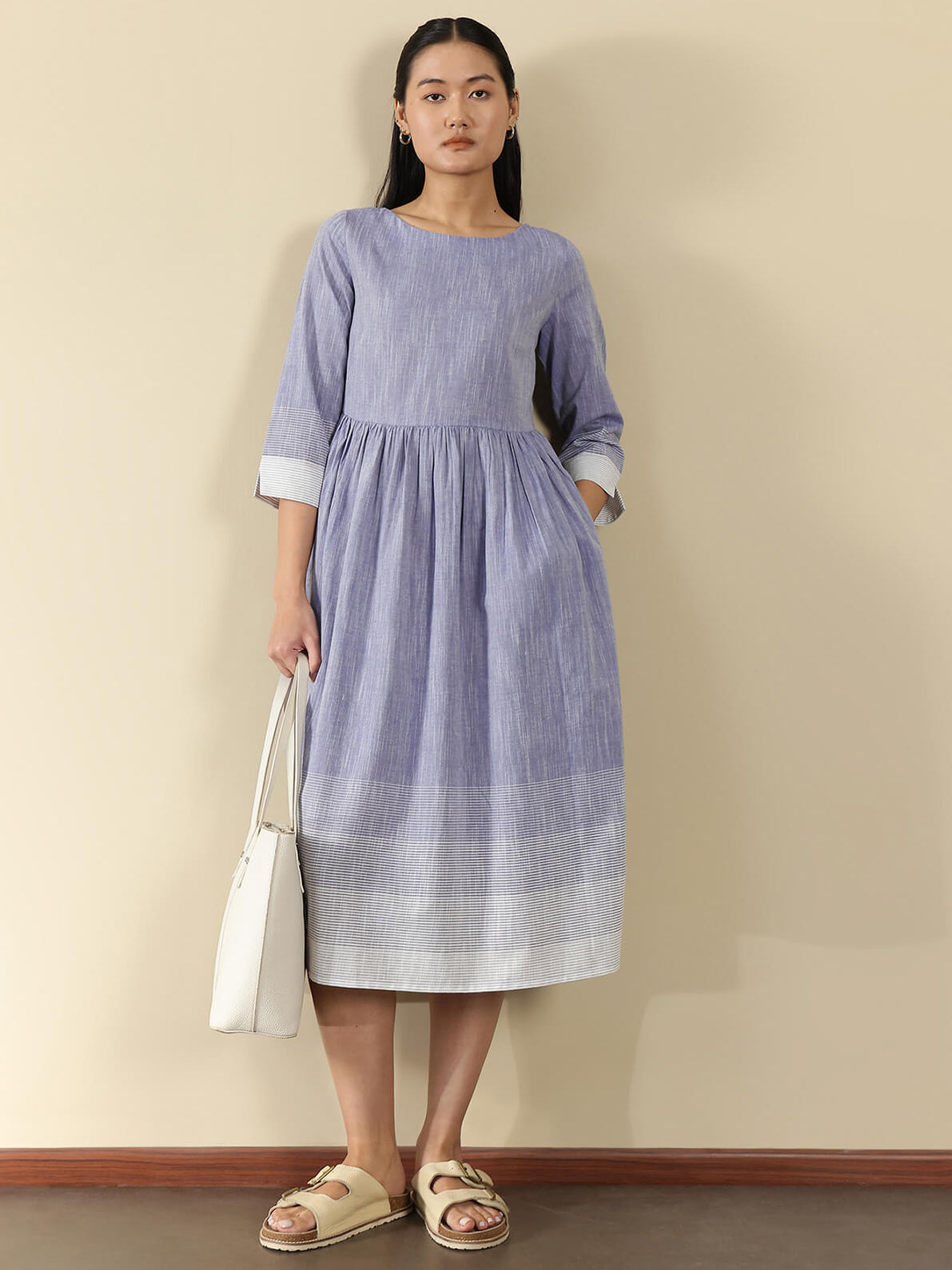 Cotton Woven Design Fit and Flare Dress - Blue