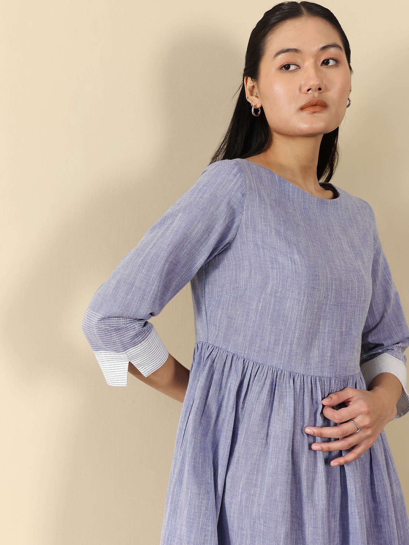 Cotton Woven Design Fit and Flare Dress - Blue