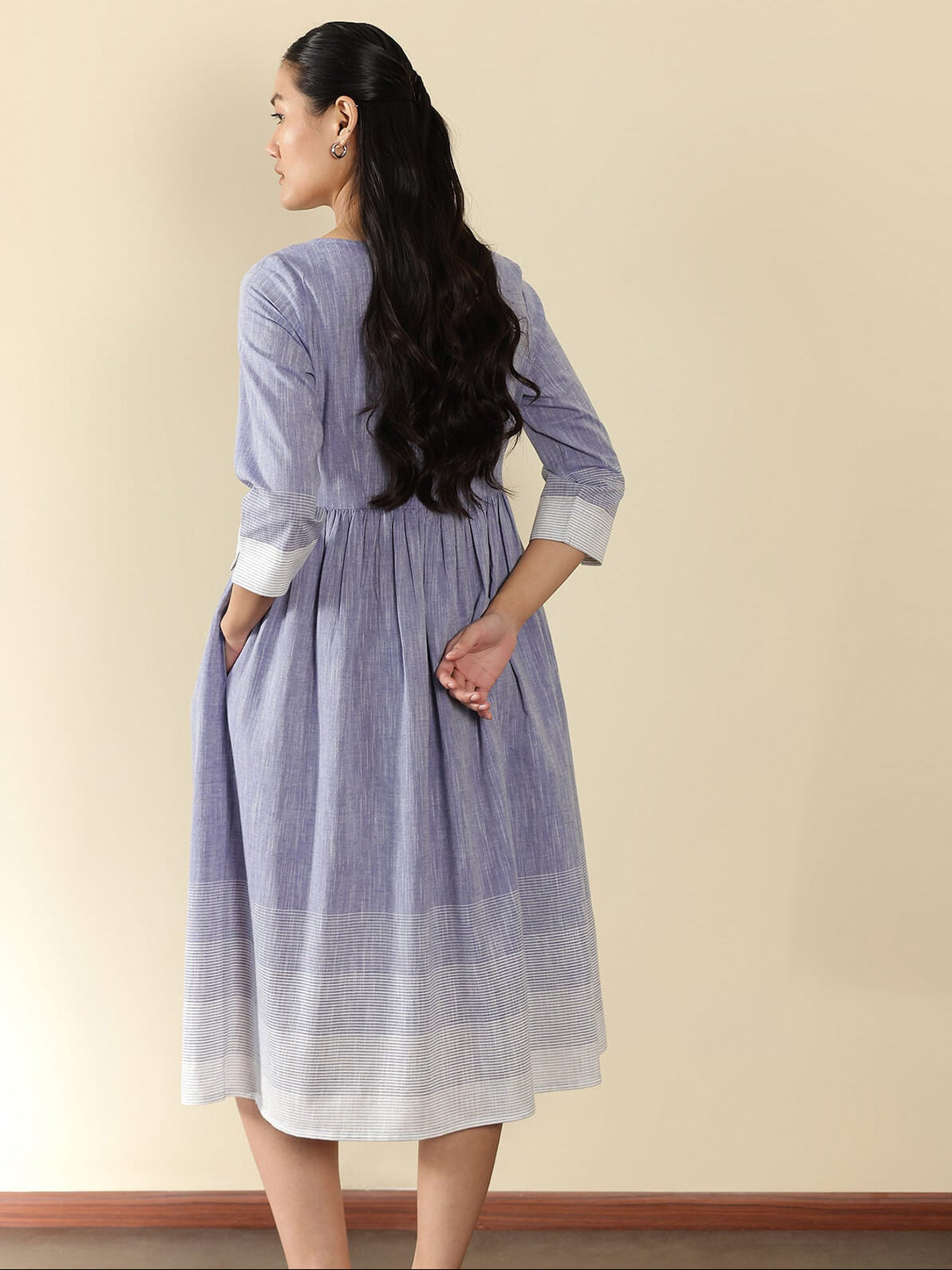 Cotton Woven Design Fit and Flare Dress - Blue
