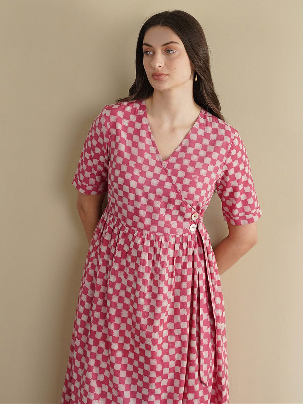 Cotton Dabu Checked Dress - Pink