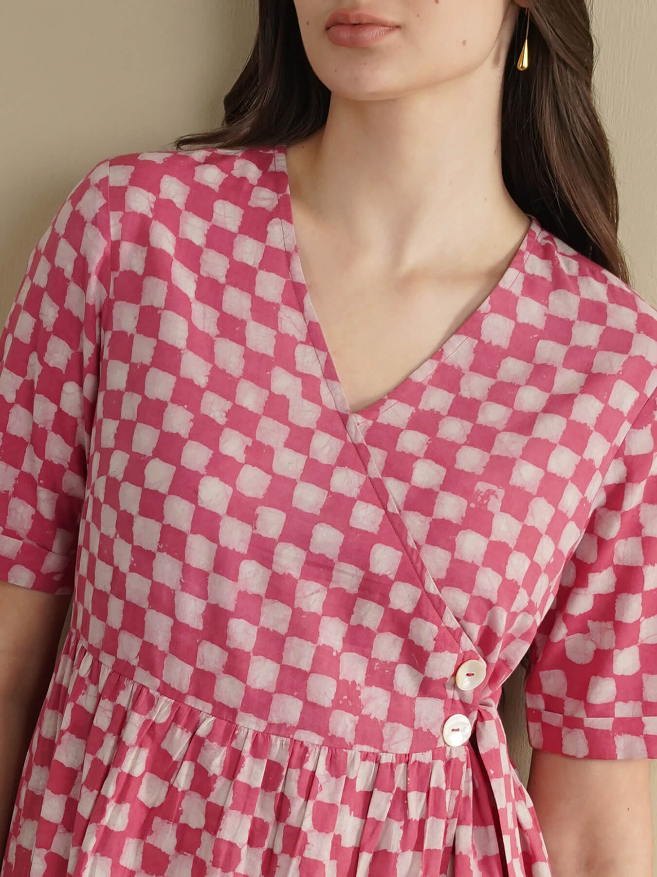Cotton Dabu Checked Dress - Pink