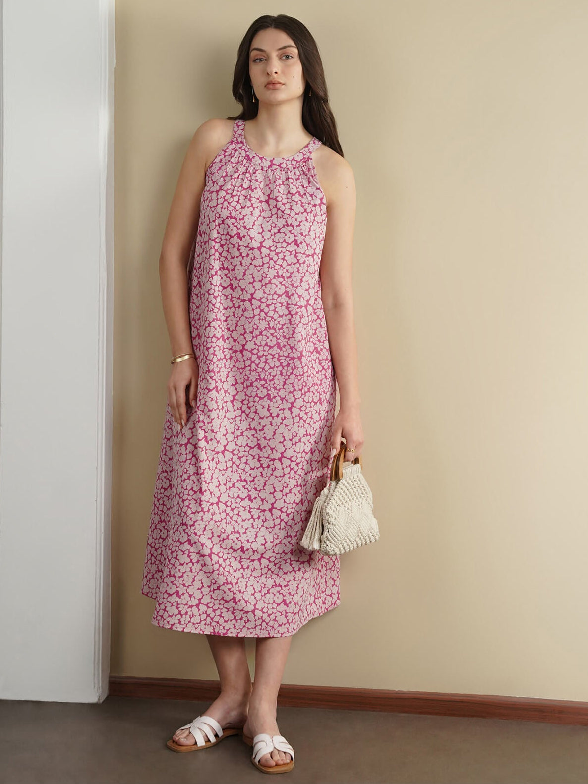 Cotton Dabu Floral A-Line Dress - Pink