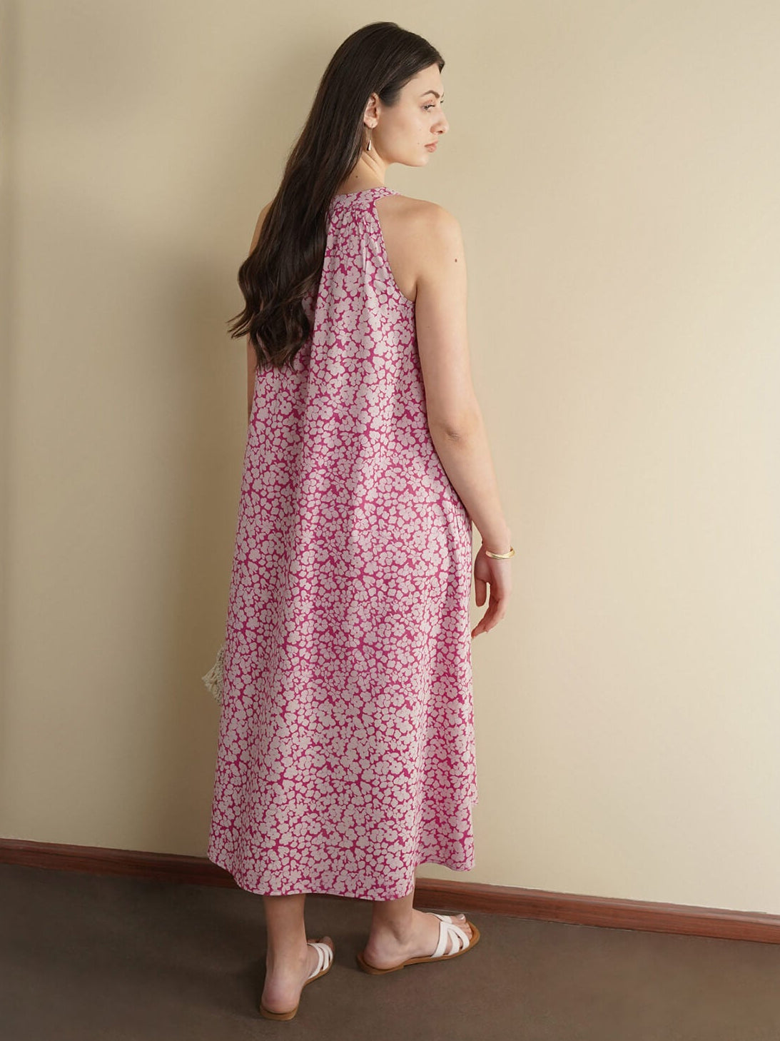 Cotton Dabu Floral A-Line Dress - Pink