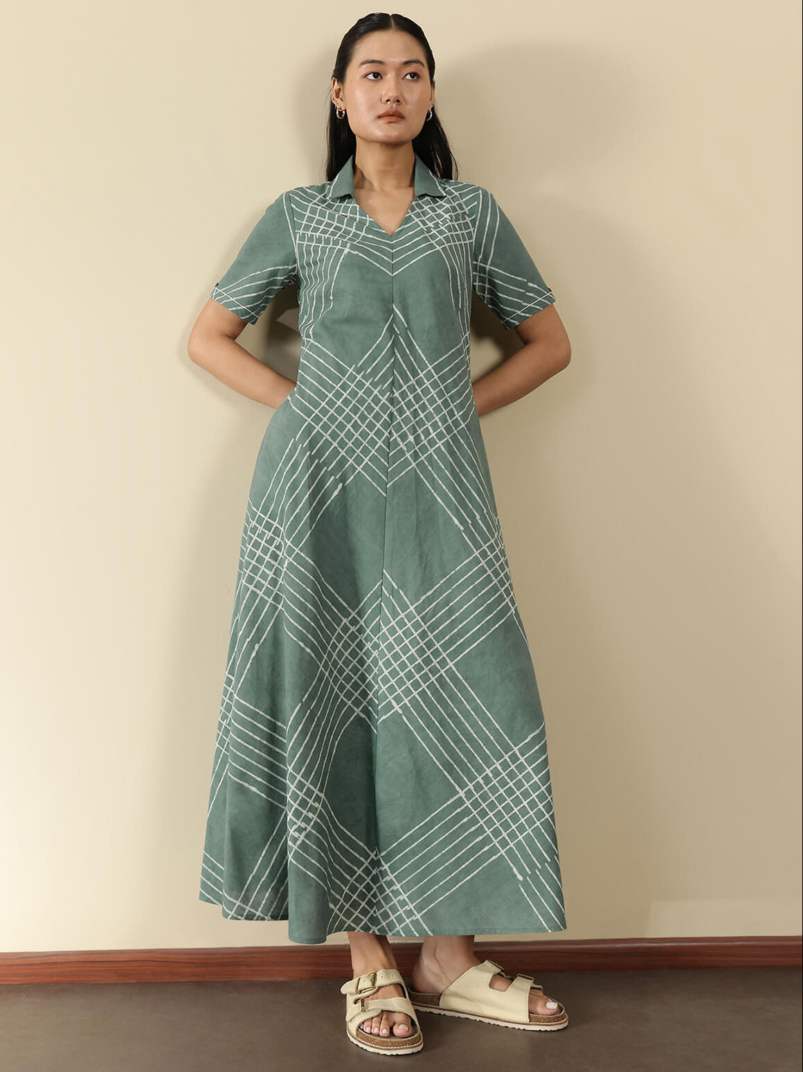 Cotton Dabu Checked Shirt Collar Dress - Green