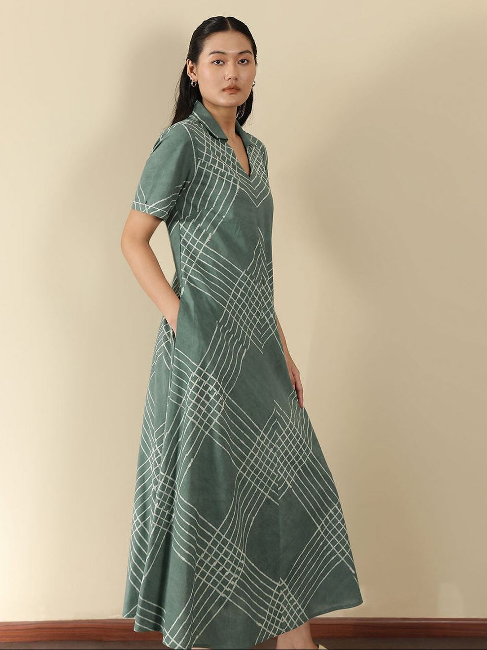 Cotton Dabu Checked Shirt Collar Dress - Green