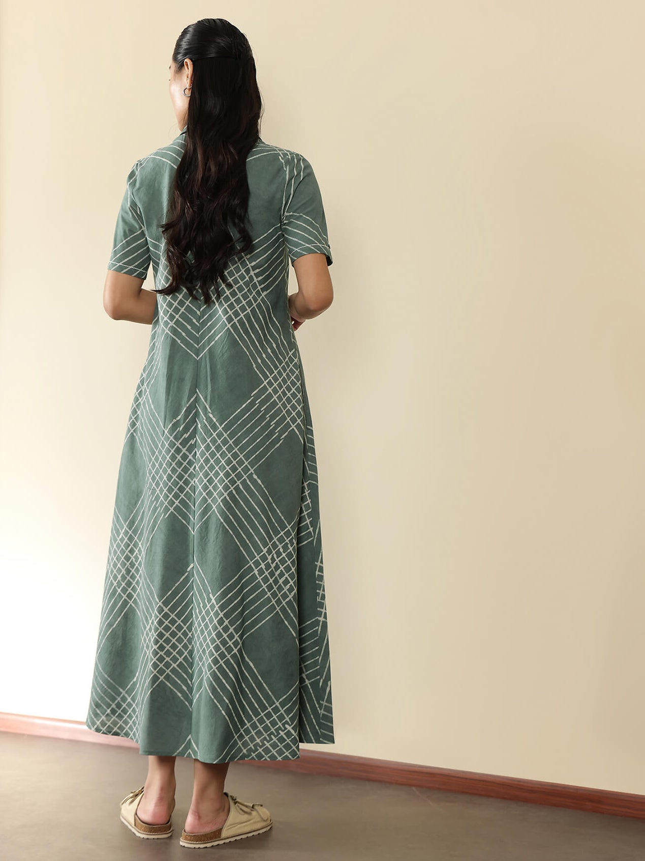 Cotton Dabu Checked Shirt Collar Dress - Green