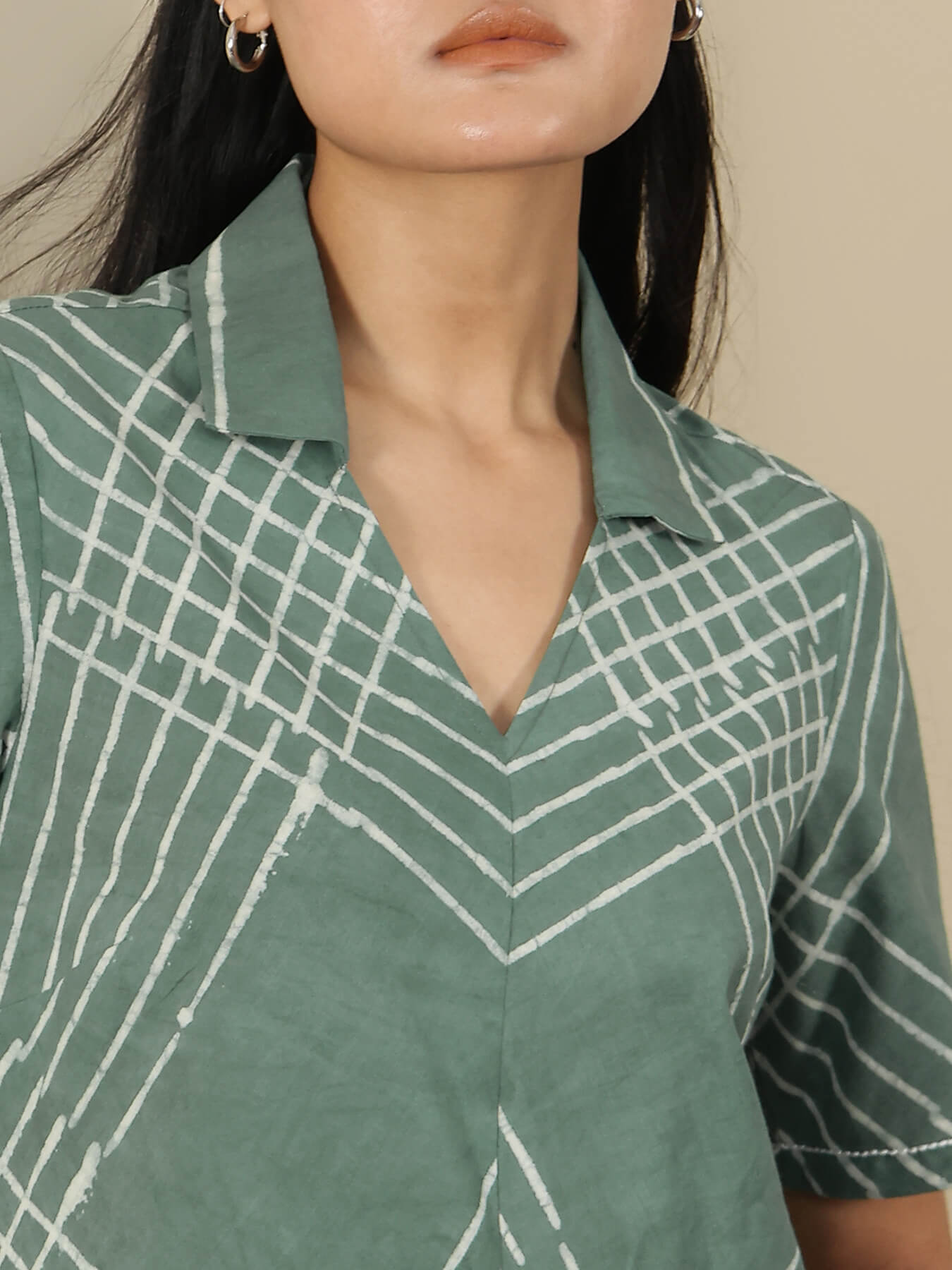 Cotton Dabu Checked Shirt Collar Dress - Green
