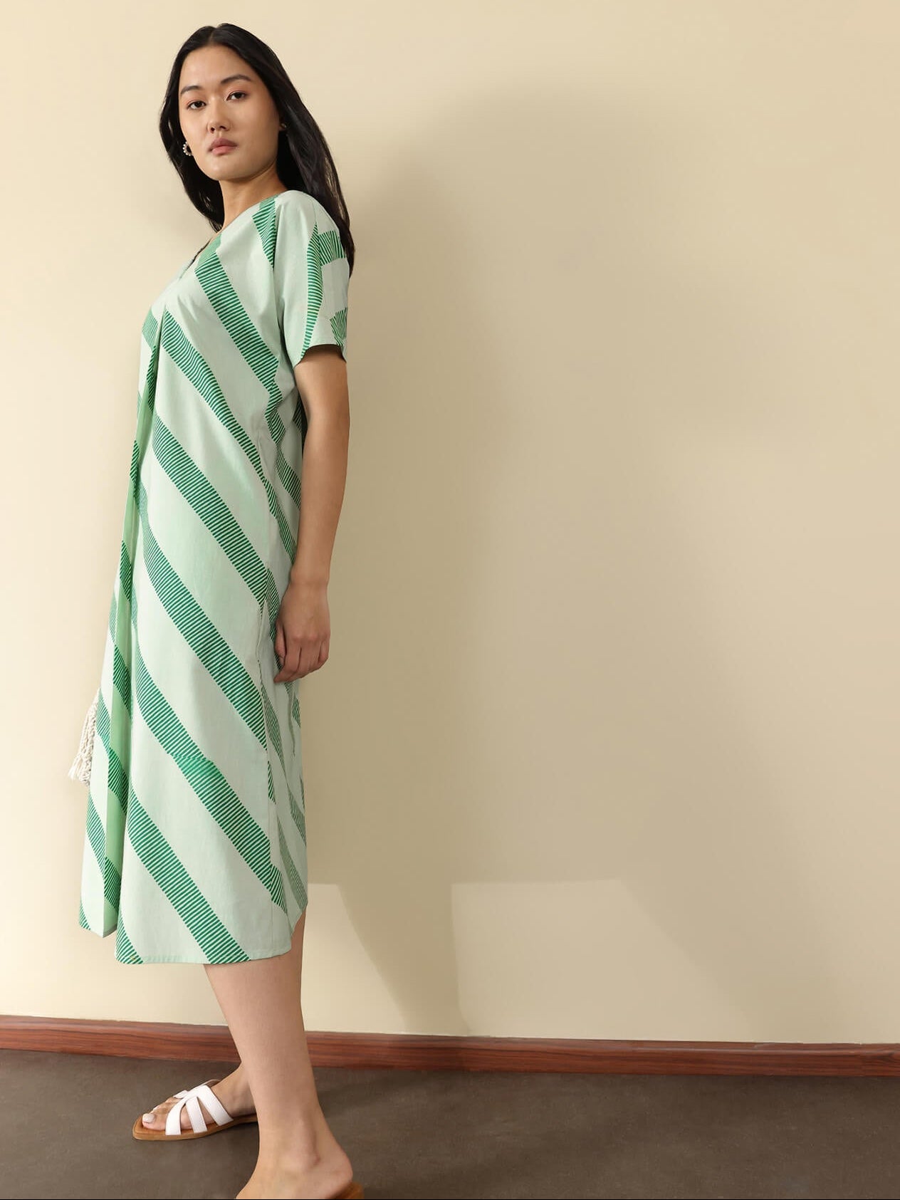Cotton Striped Midi A-Line Dress - Green