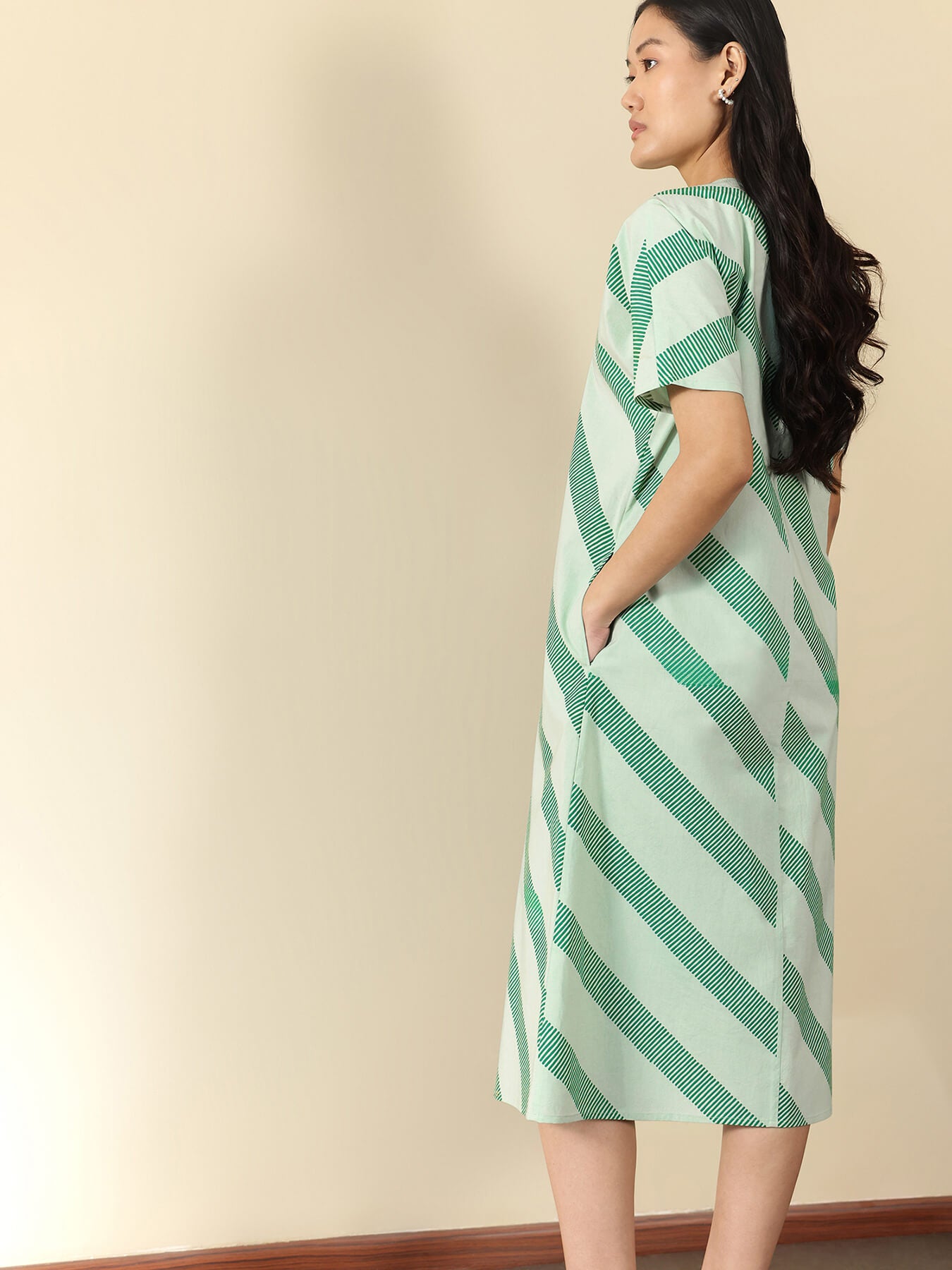 Cotton Striped Midi A-Line Dress - Green
