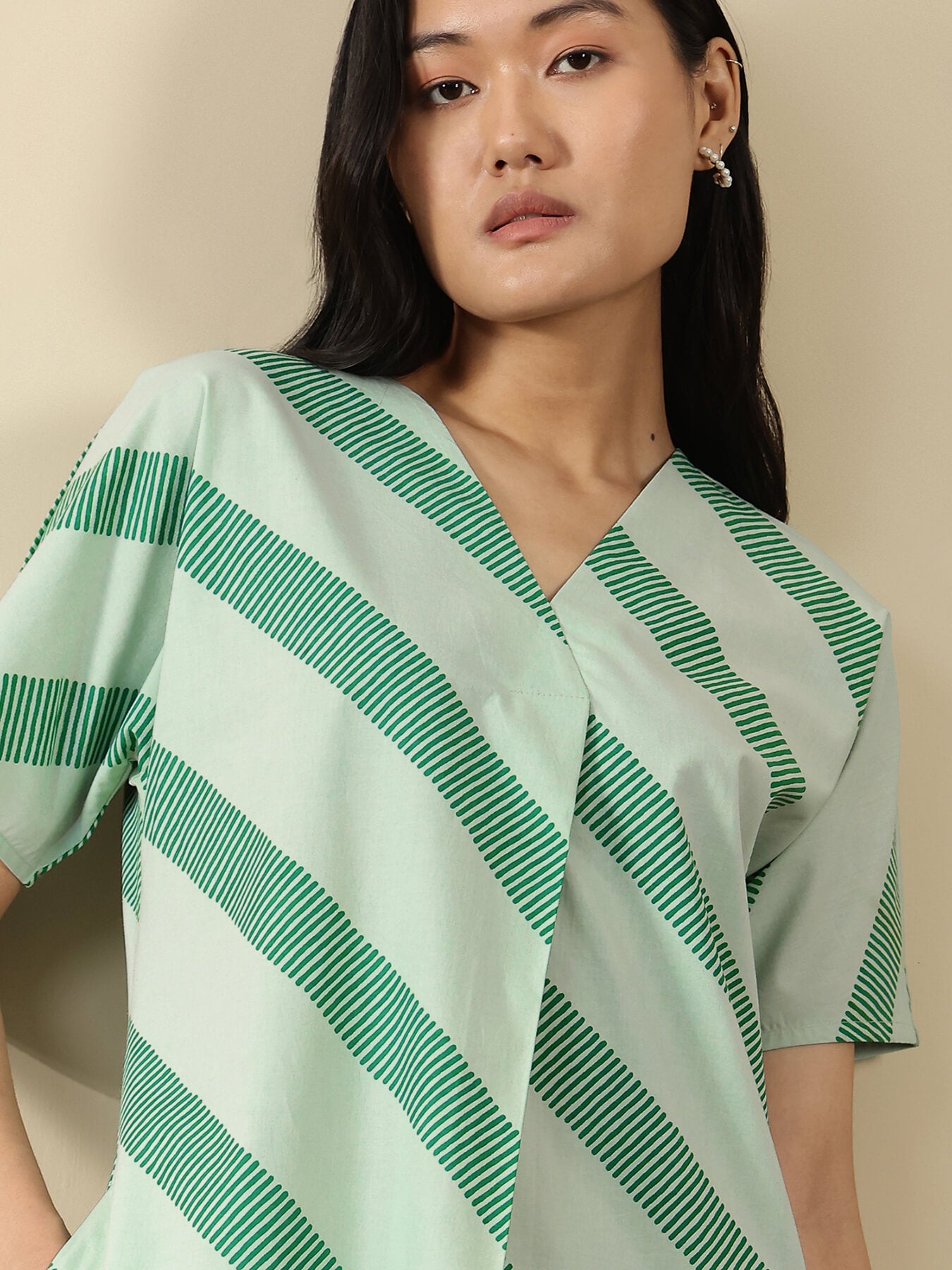 Cotton Striped Midi A-Line Dress - Green