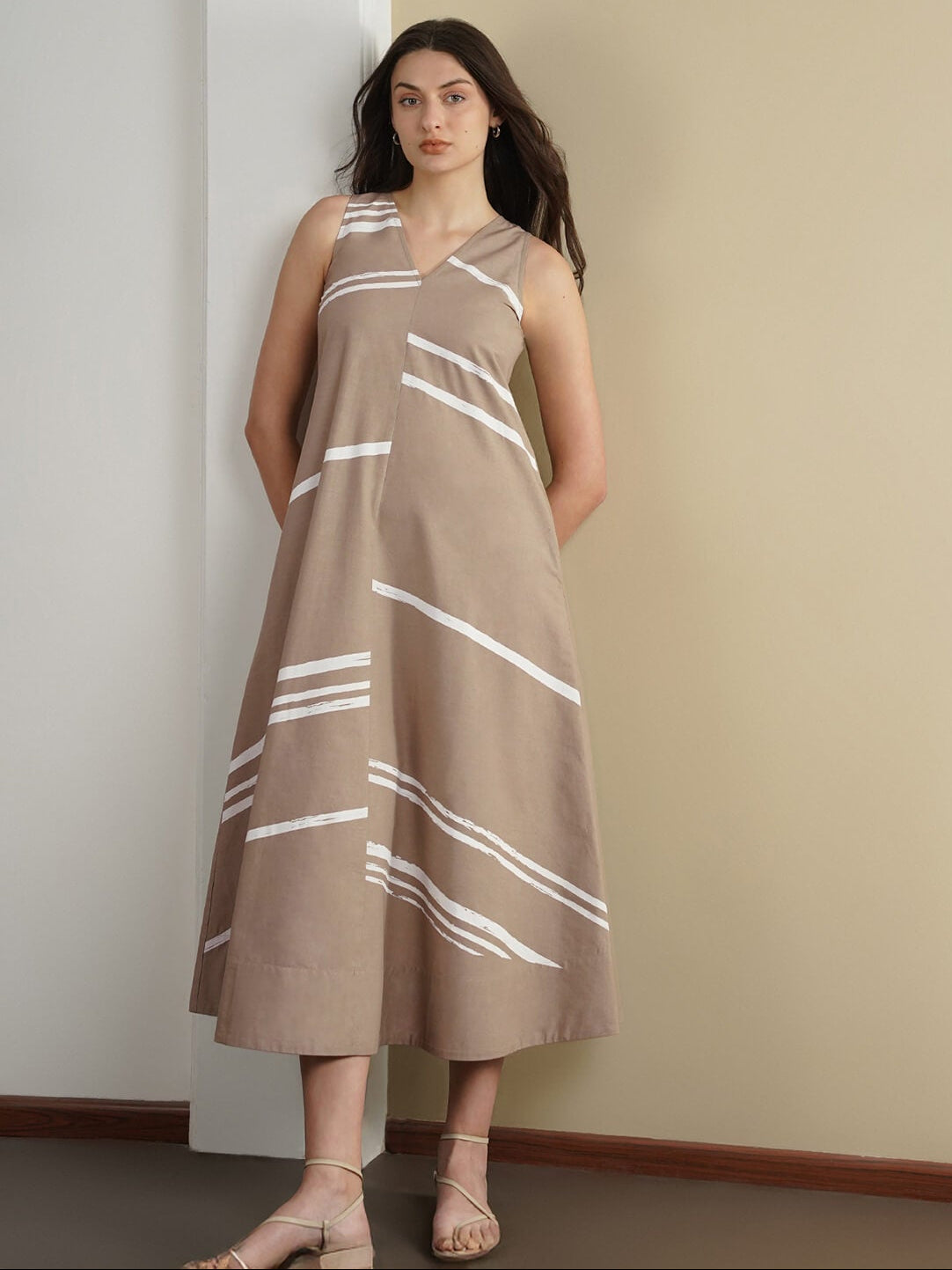 Cotton Striped V-Neck Dress - Beige
