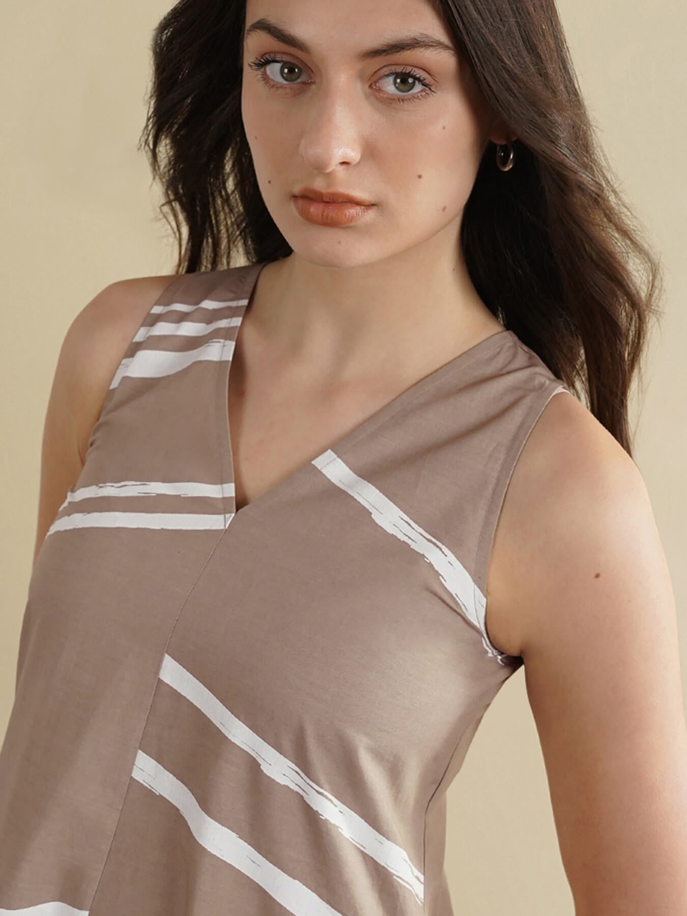Cotton Striped V-Neck Dress - Beige