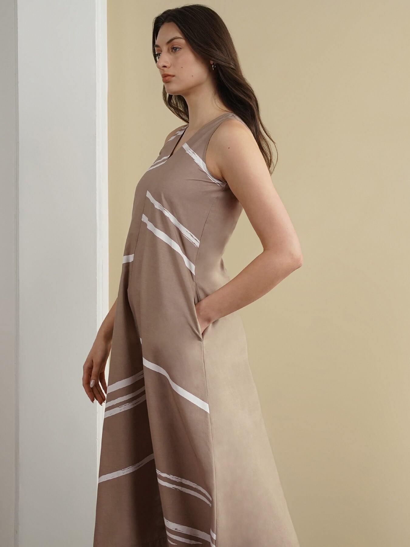 Cotton Striped V-Neck Dress - Beige