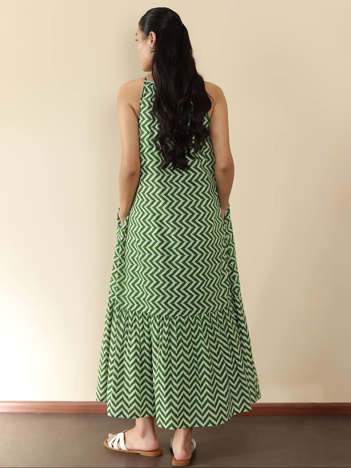 Cotton Chevron A-Line Dress - Green