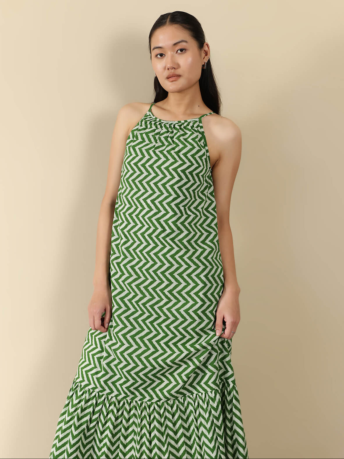 Cotton Chevron A-Line Dress - Green