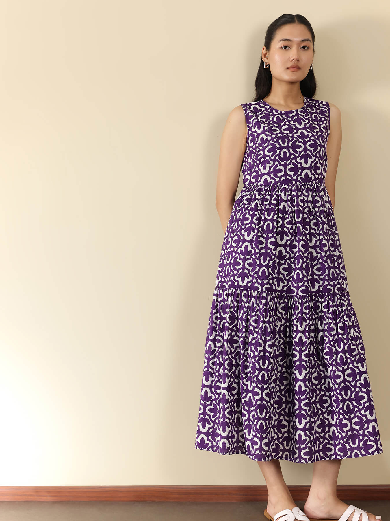 Cotton Geometric Fit and Flare Dress - Purple