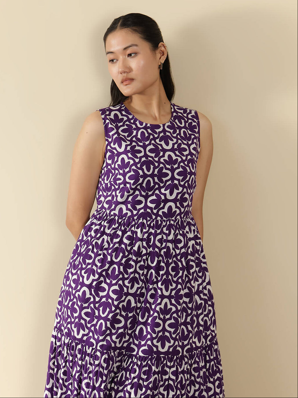 Cotton Geometric Fit and Flare Dress - Purple