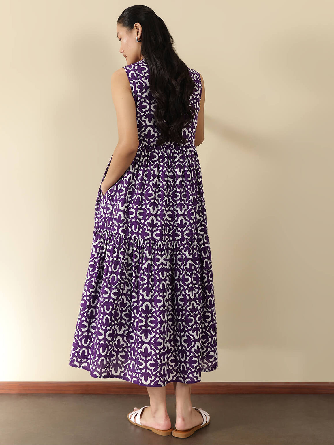 Cotton Geometric Fit and Flare Dress - Purple