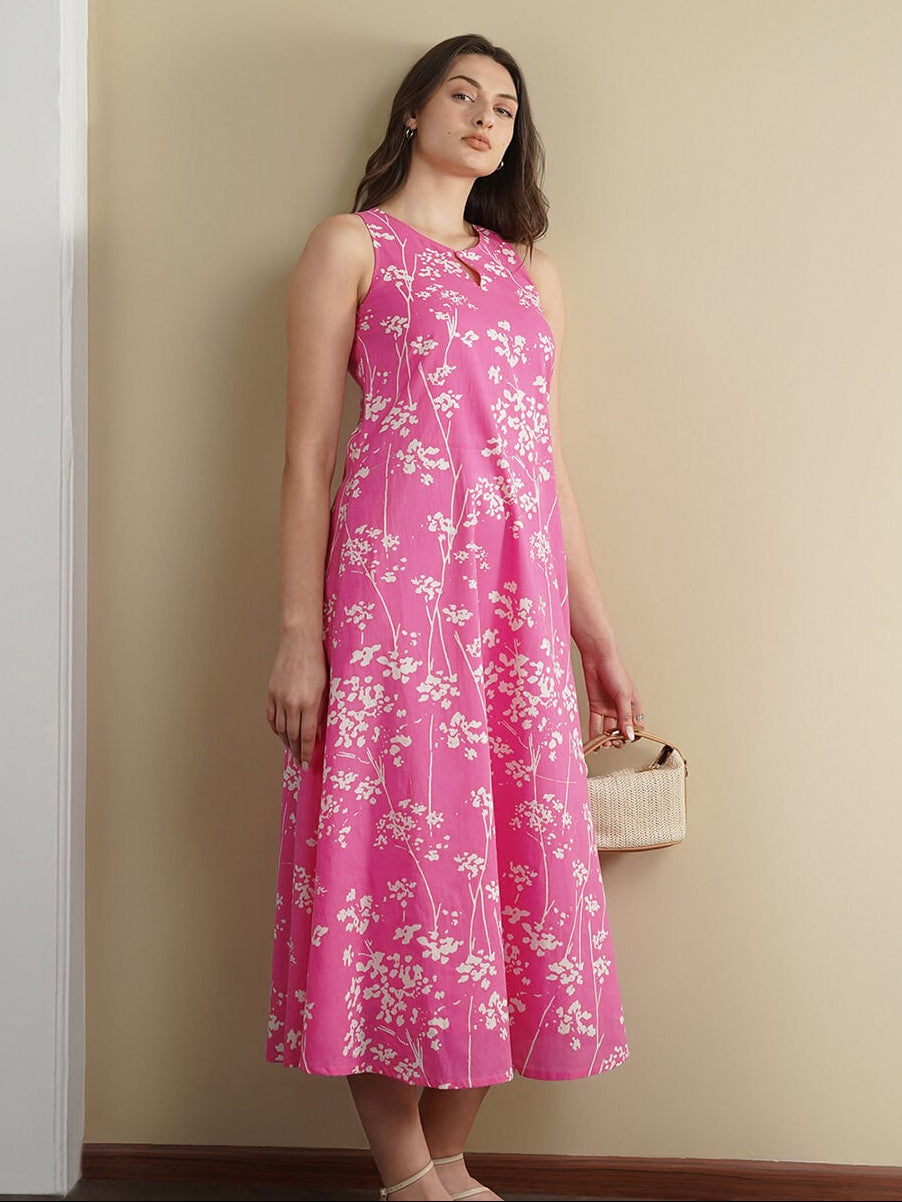 Cotton Floral Sleeveless A-Line Dress - Pink