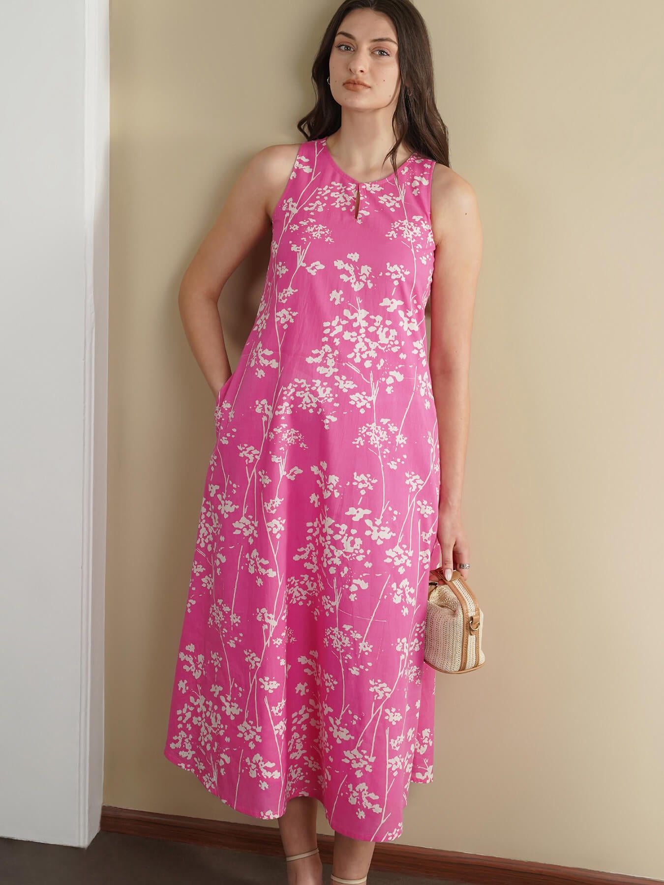 Cotton Floral Sleeveless A-Line Dress - Pink
