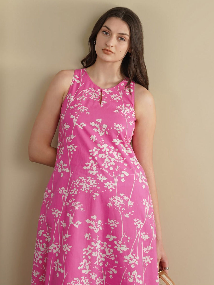 Cotton Floral Sleeveless A-Line Dress - Pink