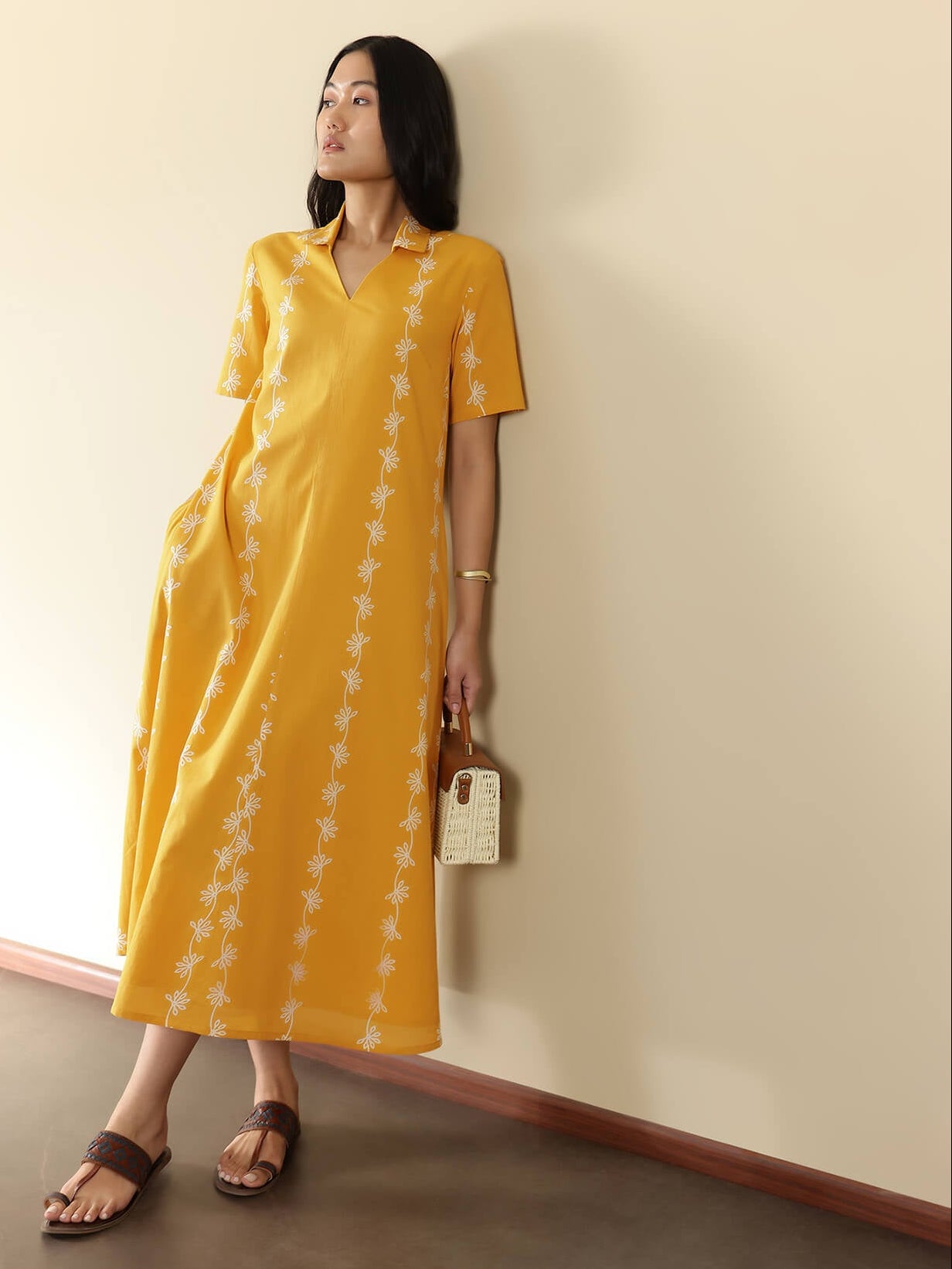 Cotton Floral Shirt Collar Dress - Yellow