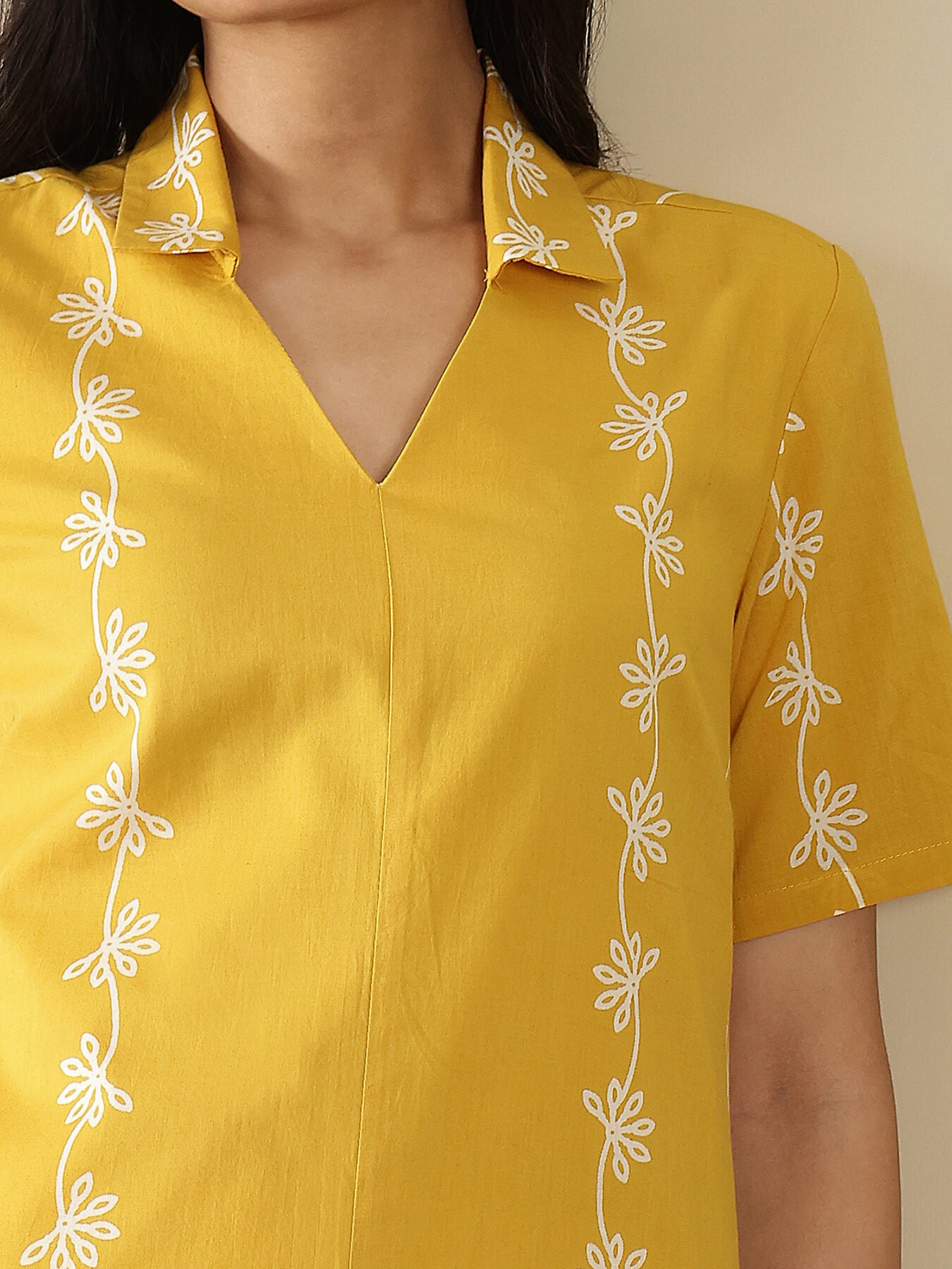 Cotton Floral Shirt Collar Dress - Yellow