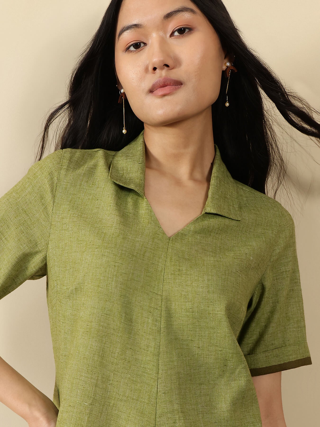 Cotton Striped Shirt Collar Dress - Green