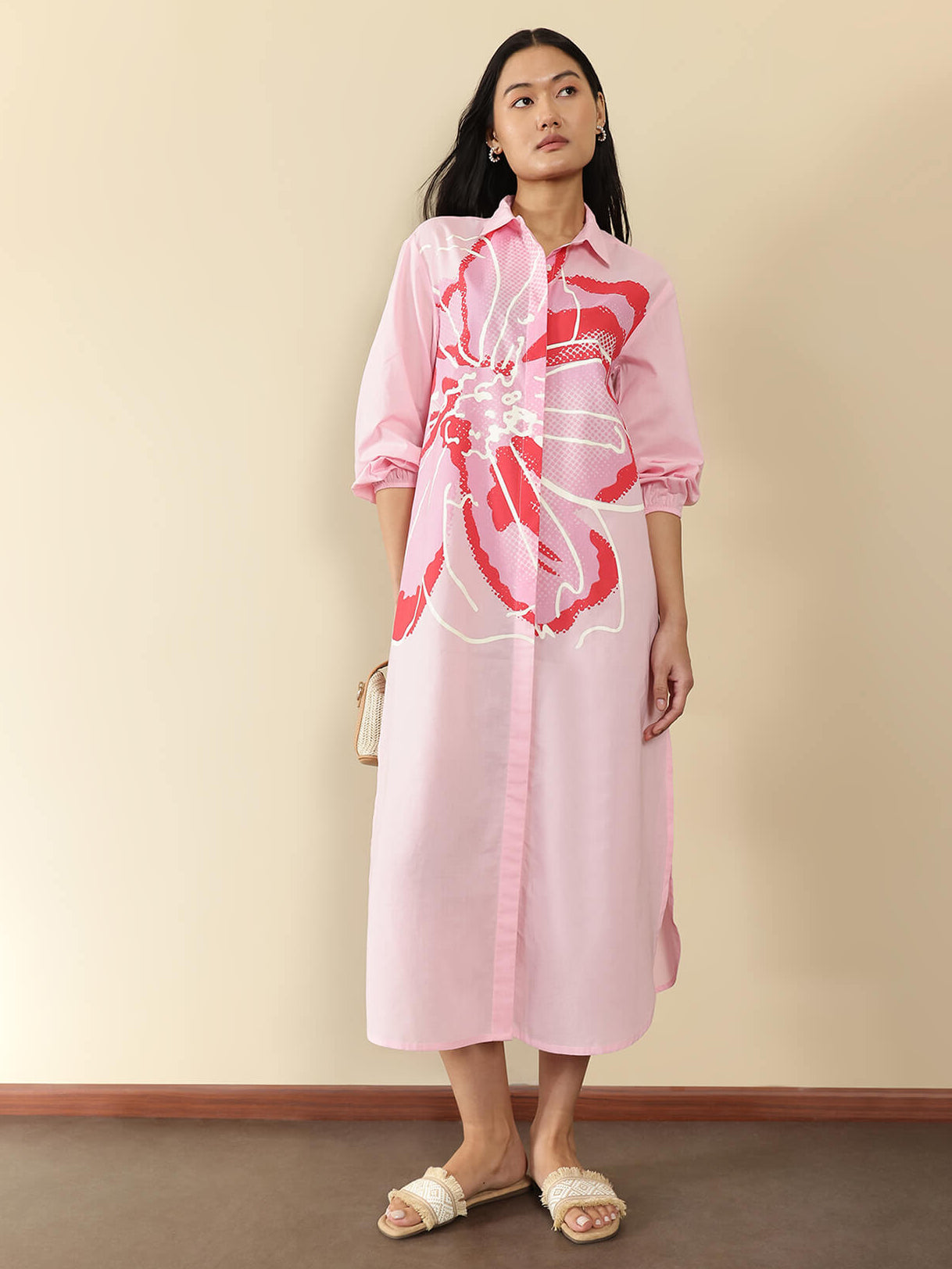 Cotton Placement Floral Shirt Dress - Pink