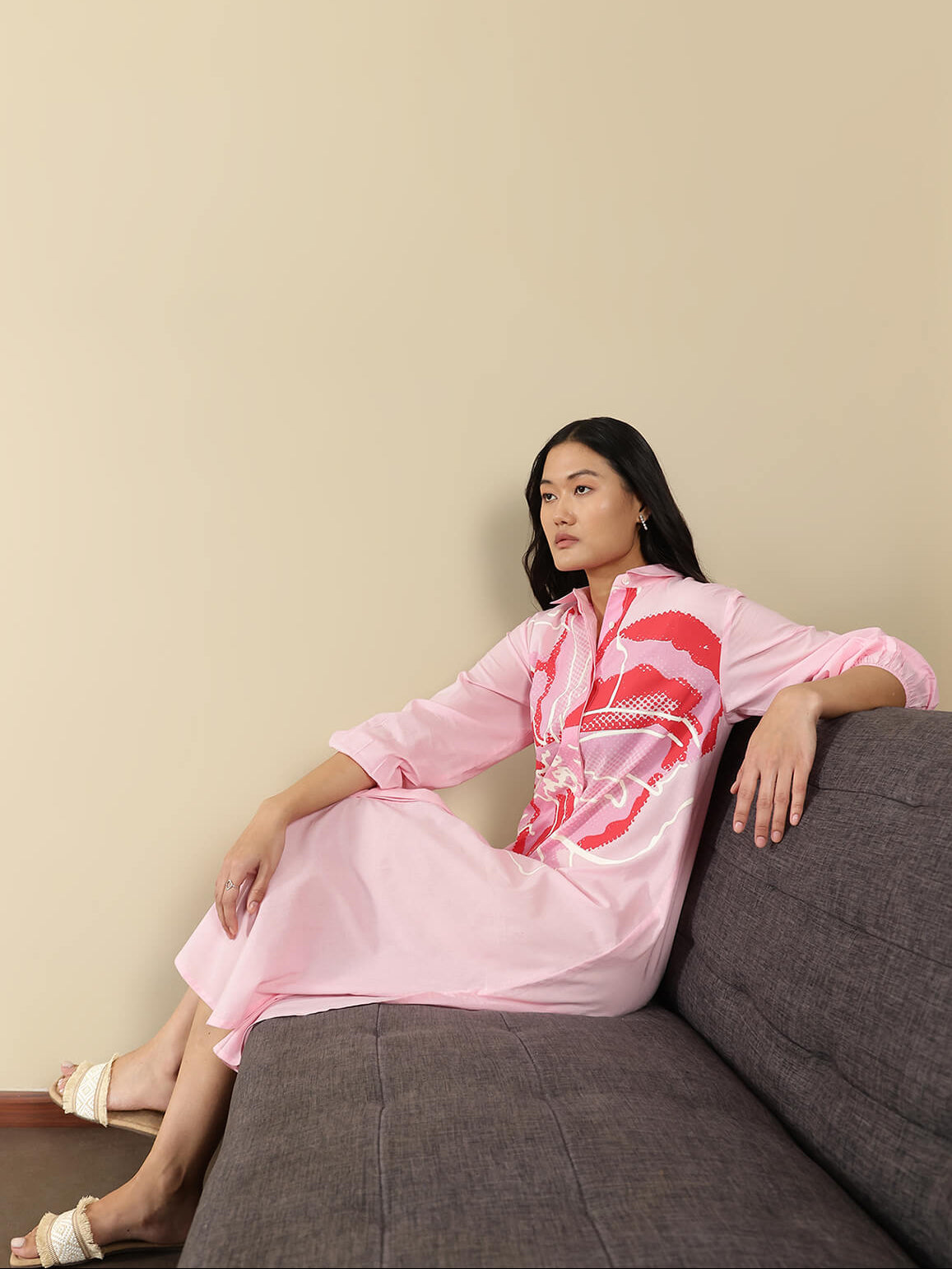 Cotton Placement Floral Shirt Dress - Pink