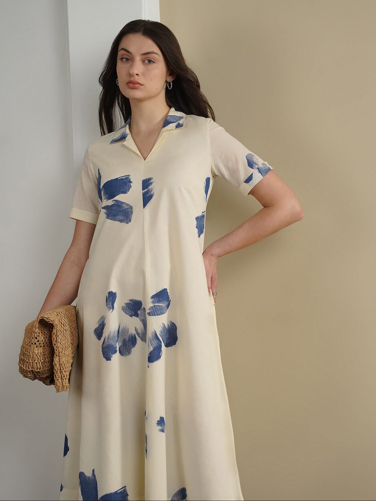 Cotton Floral Shirt Collar Dress - Off White
