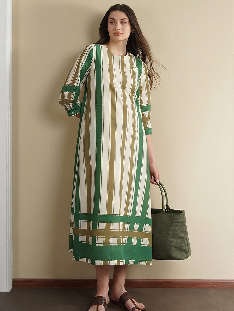 Cotton Striped A-Line Dress - Green