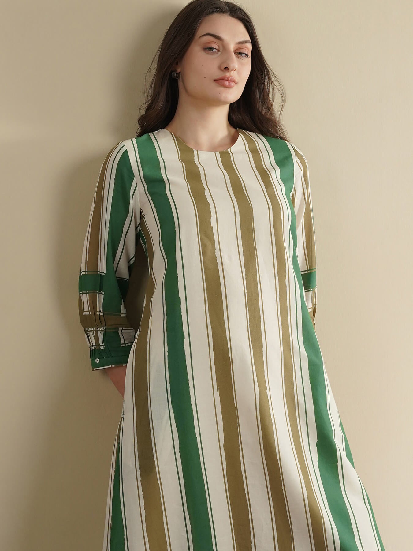 Cotton Striped A-Line Dress - Green