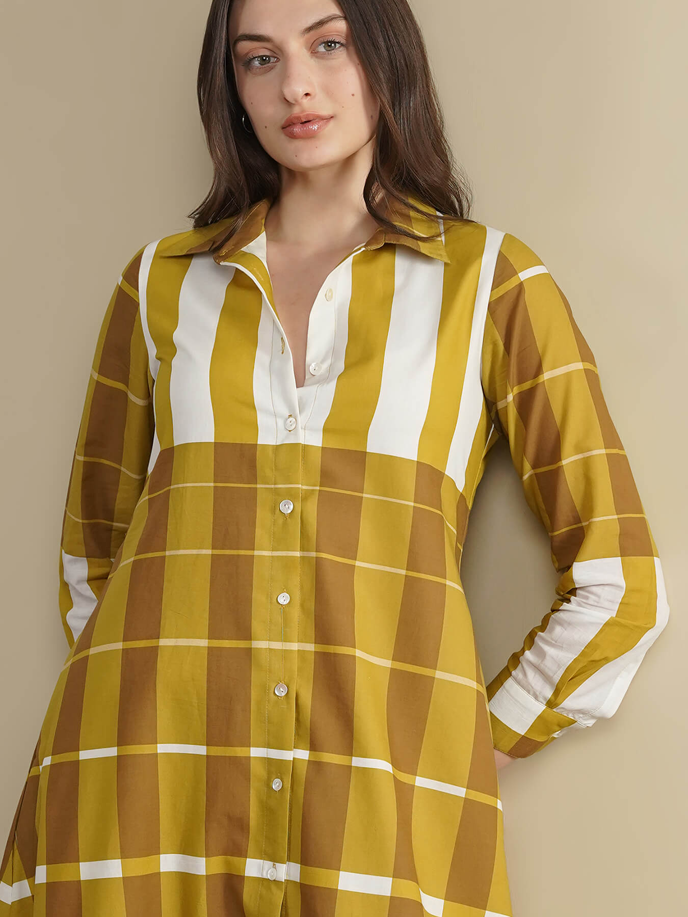 Cotton Striped Shirt Collar Dress - Mustard