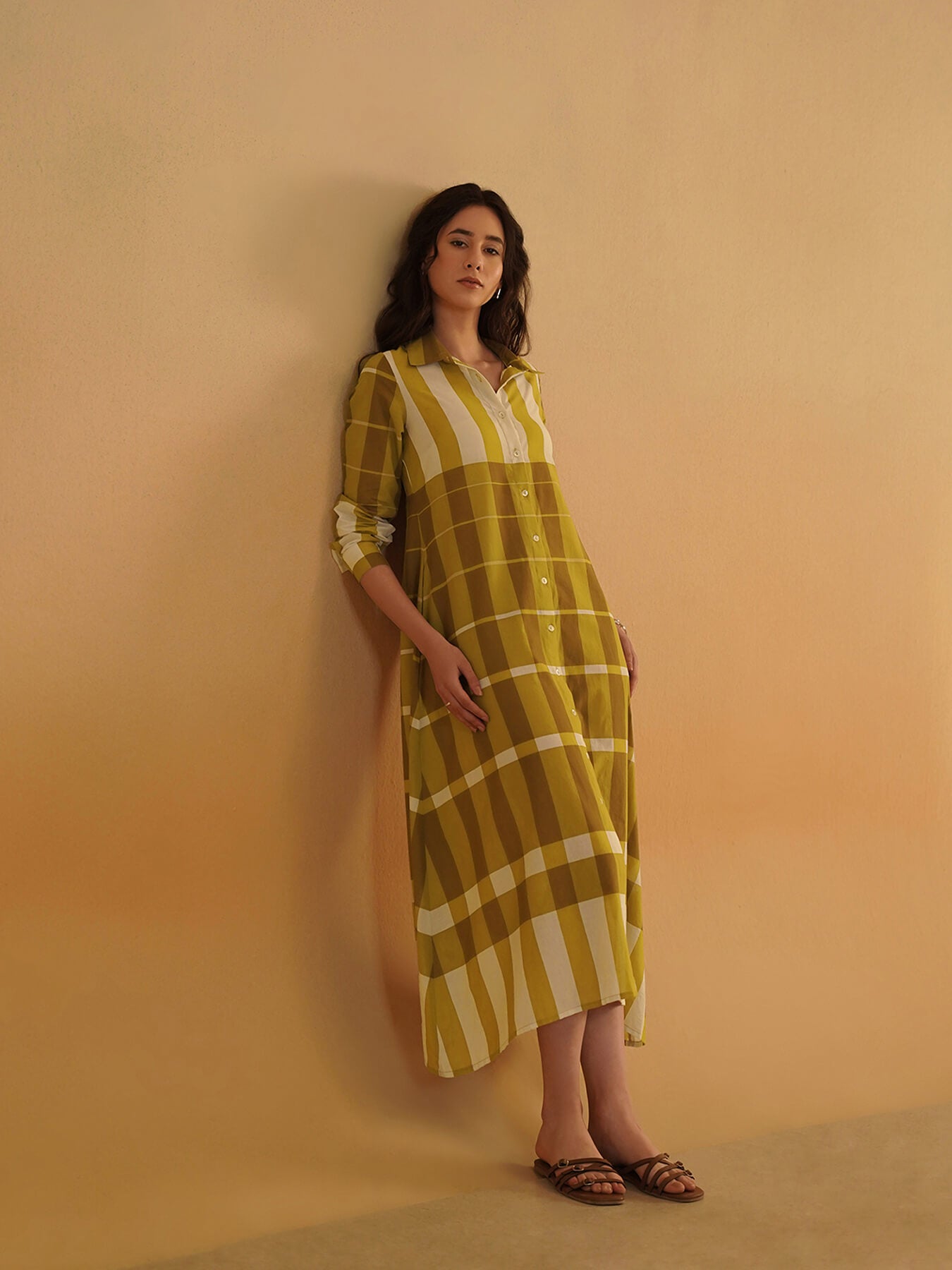 Cotton Striped Shirt Collar Dress - Mustard