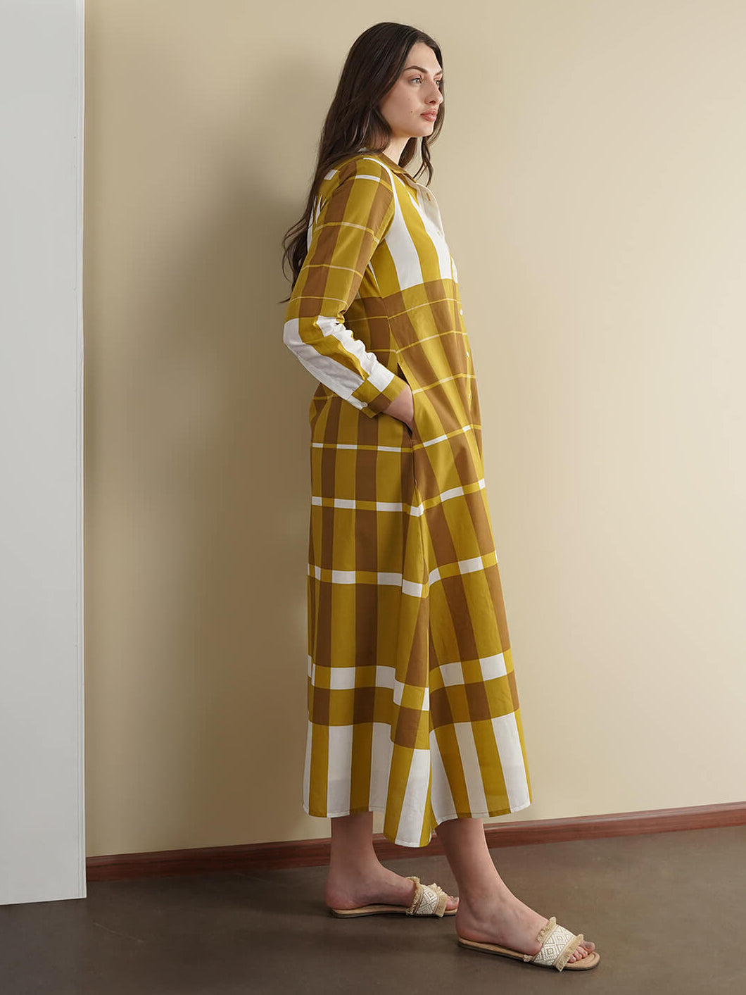 Cotton Striped Shirt Collar Dress - Mustard