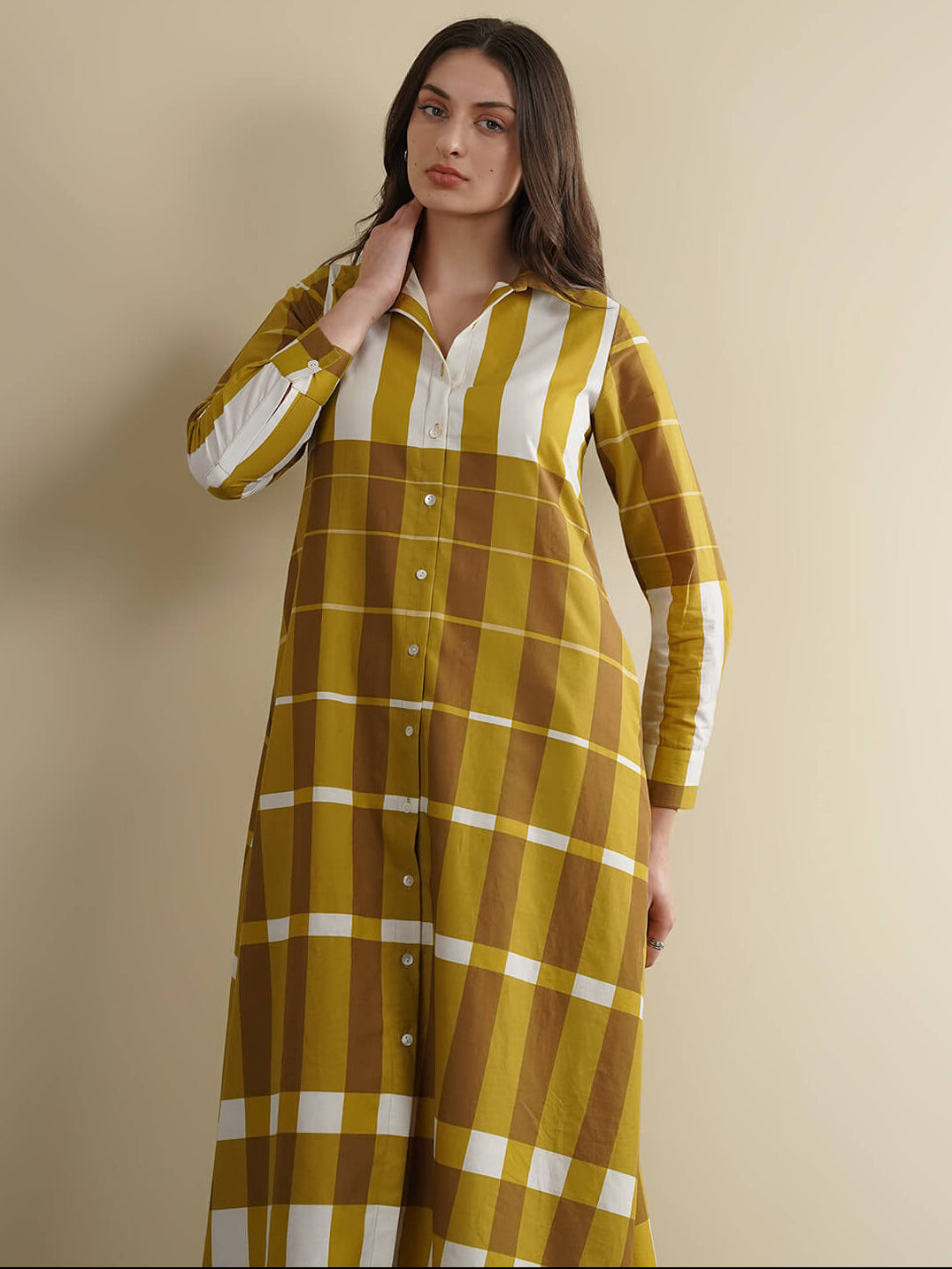 Cotton Striped Shirt Collar Dress - Mustard